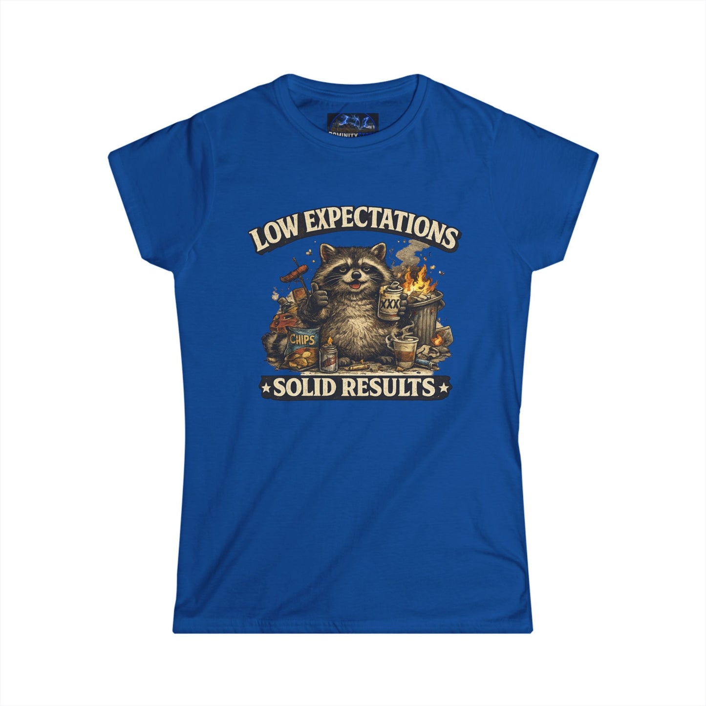 Graphic Low Expectations Solid Results Tee — Funny Raccoon Women's T-Shirt