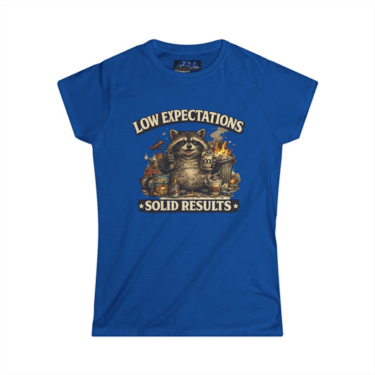 Graphic Low Expectations Solid Results Tee — Funny Raccoon Women's T-Shirt