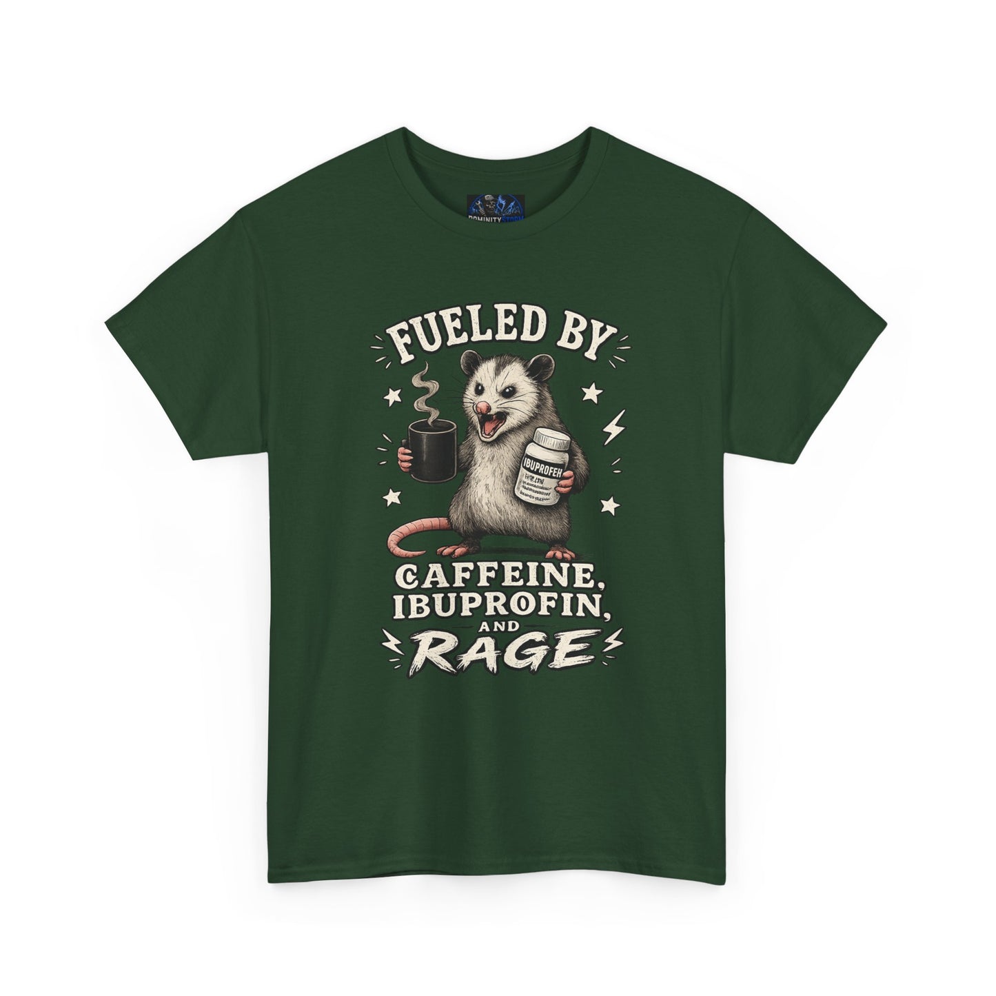 T-Shirt — Fueled by Caffeine, Ibuprofen & Rage Possum Coffee Humor Tee