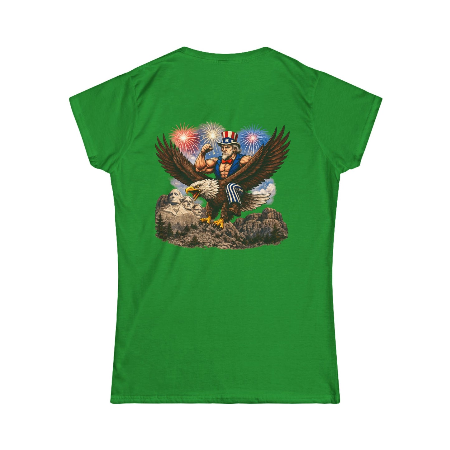 Graphic Women's Tee — Patriotic Uncle Sam Riding Bald Eagle with Fireworks