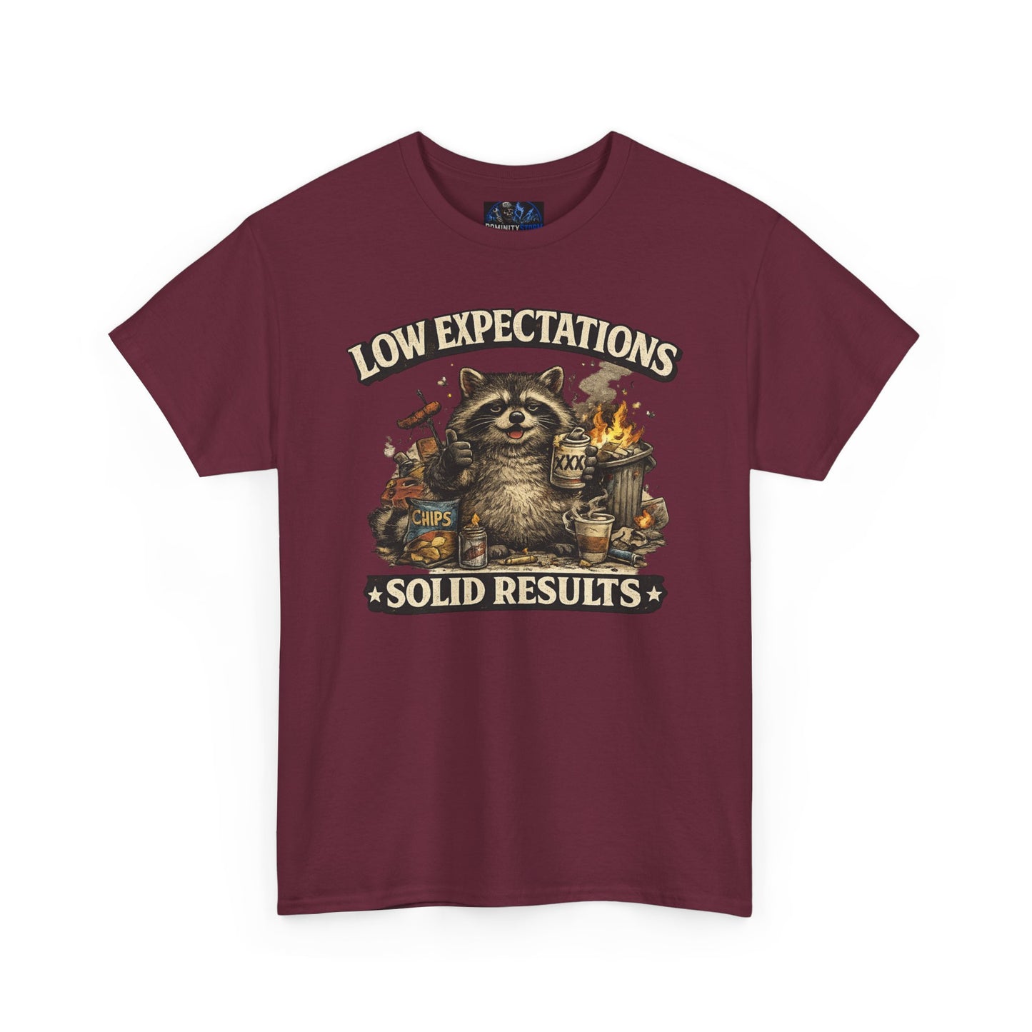 Low Expectations Solid Results T‑Shirt — Funny Raccoon Apocalypse Graphic Tee