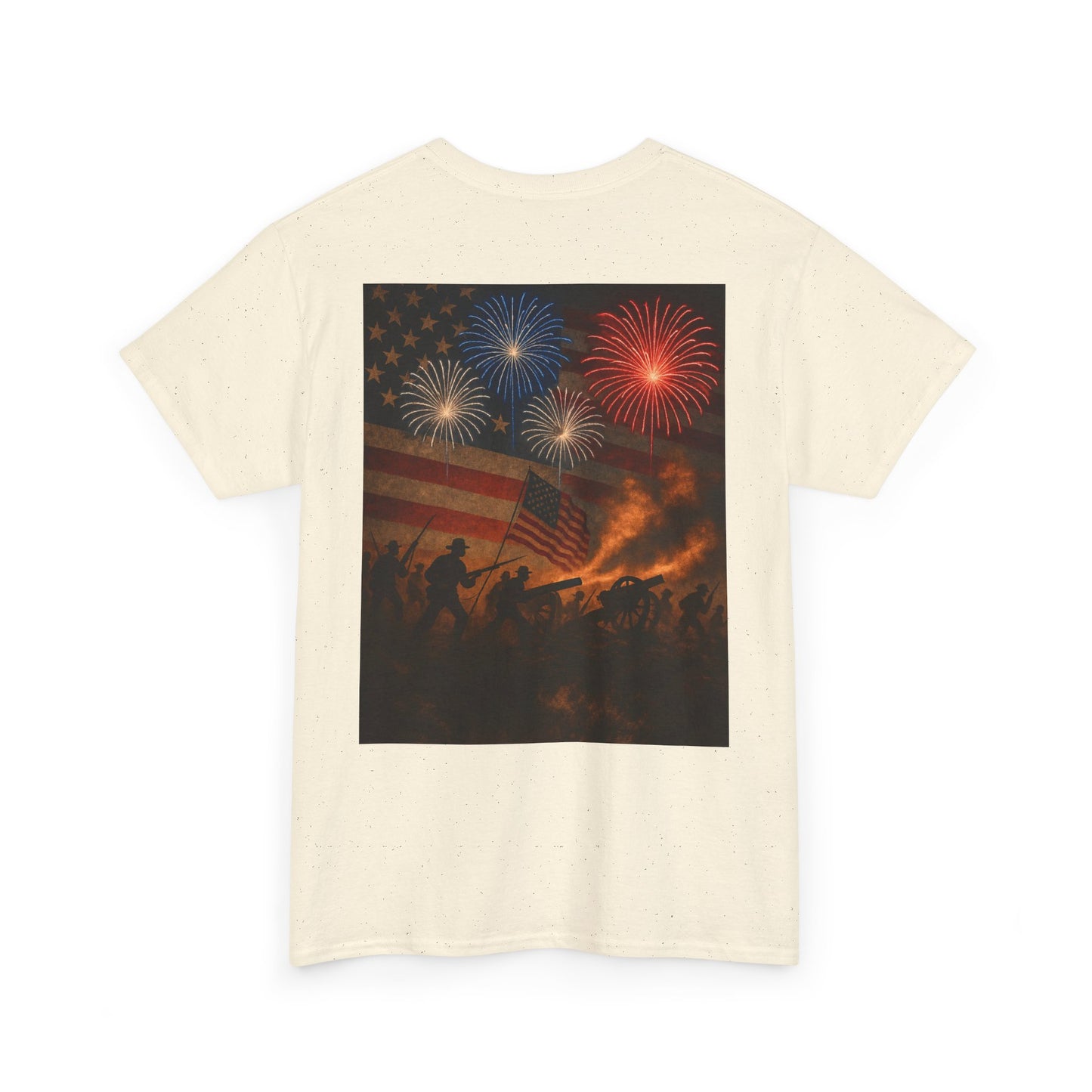Patriotic Fireworks Flag Tee — American Soldiers Silhouette 4th of July T-Shirt
