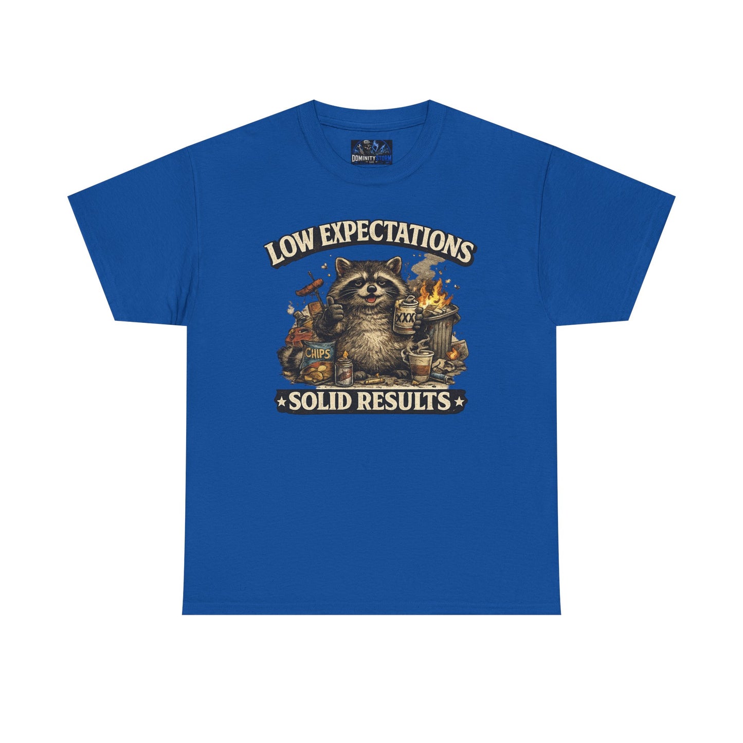 Low Expectations Solid Results T‑Shirt — Funny Raccoon Apocalypse Graphic Tee