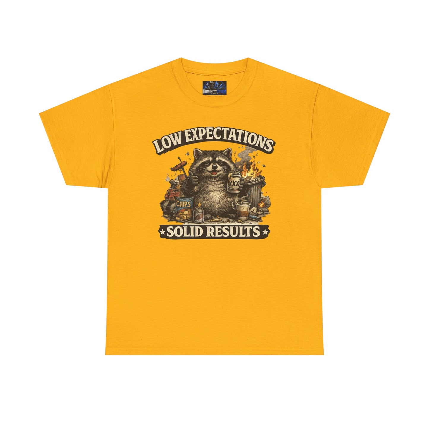 Low Expectations Solid Results T‑Shirt — Funny Raccoon Apocalypse Graphic Tee