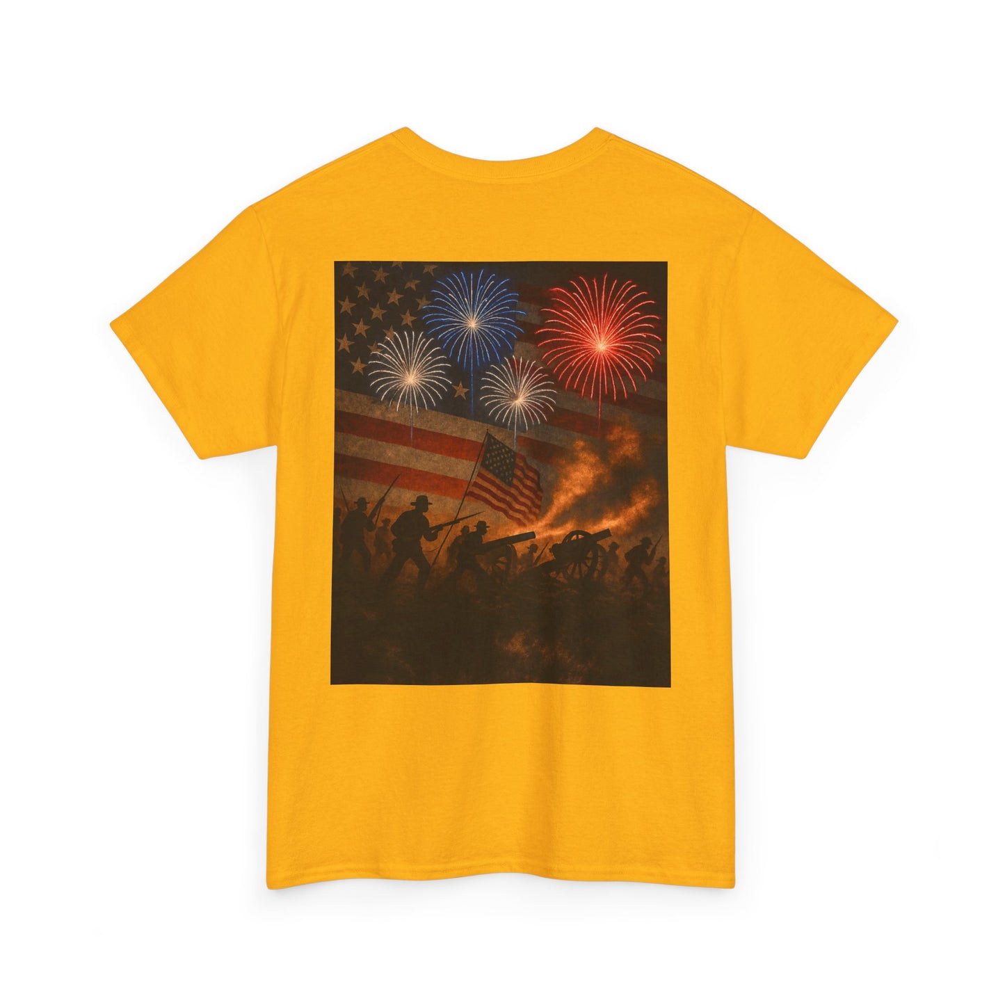 Patriotic Fireworks Flag Tee — American Soldiers Silhouette 4th of July T-Shirt
