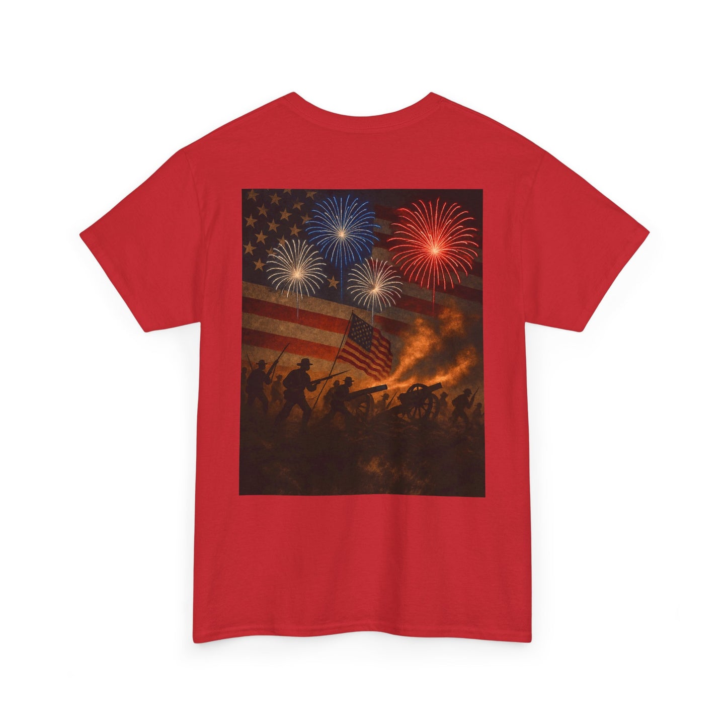 Patriotic Fireworks Flag Tee — American Soldiers Silhouette 4th of July T-Shirt