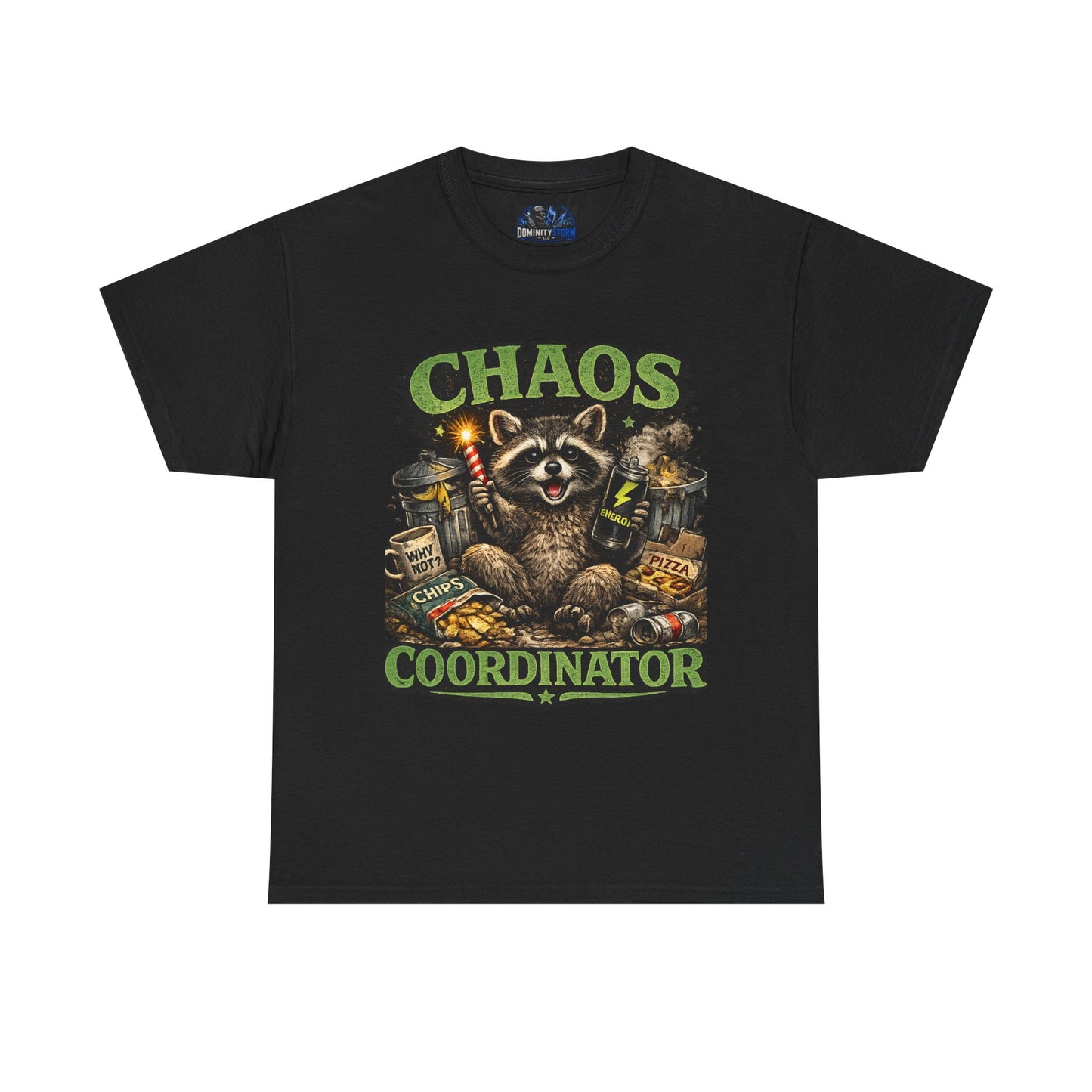 Chaos Coordinator T-Shirt — Funny Raccoon Graphic Tee for Gamers & Catastrophe Lovers