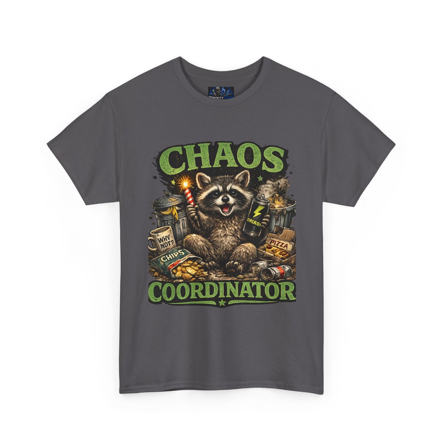 Chaos Coordinator T-Shirt — Funny Raccoon Graphic Tee for Gamers & Catastrophe Lovers