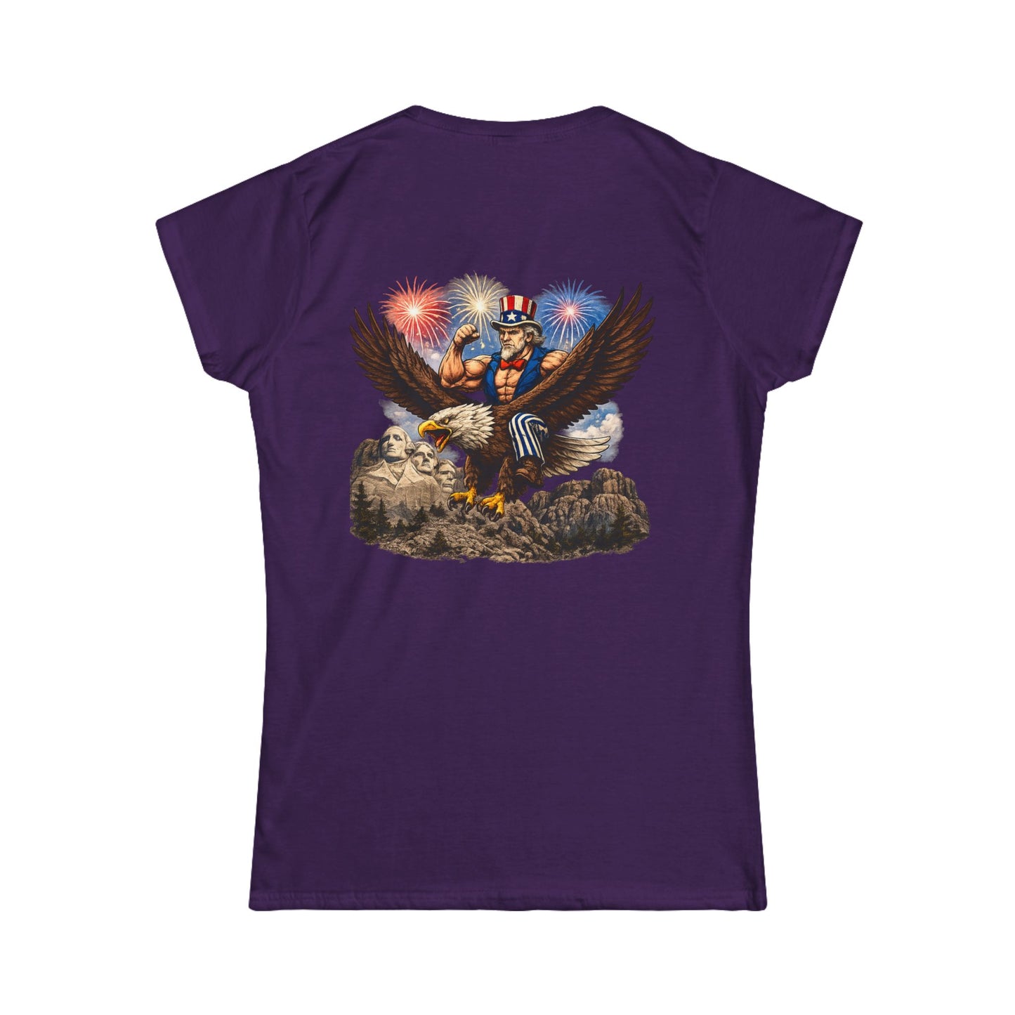 Graphic Women's Tee — Patriotic Uncle Sam Riding Bald Eagle with Fireworks