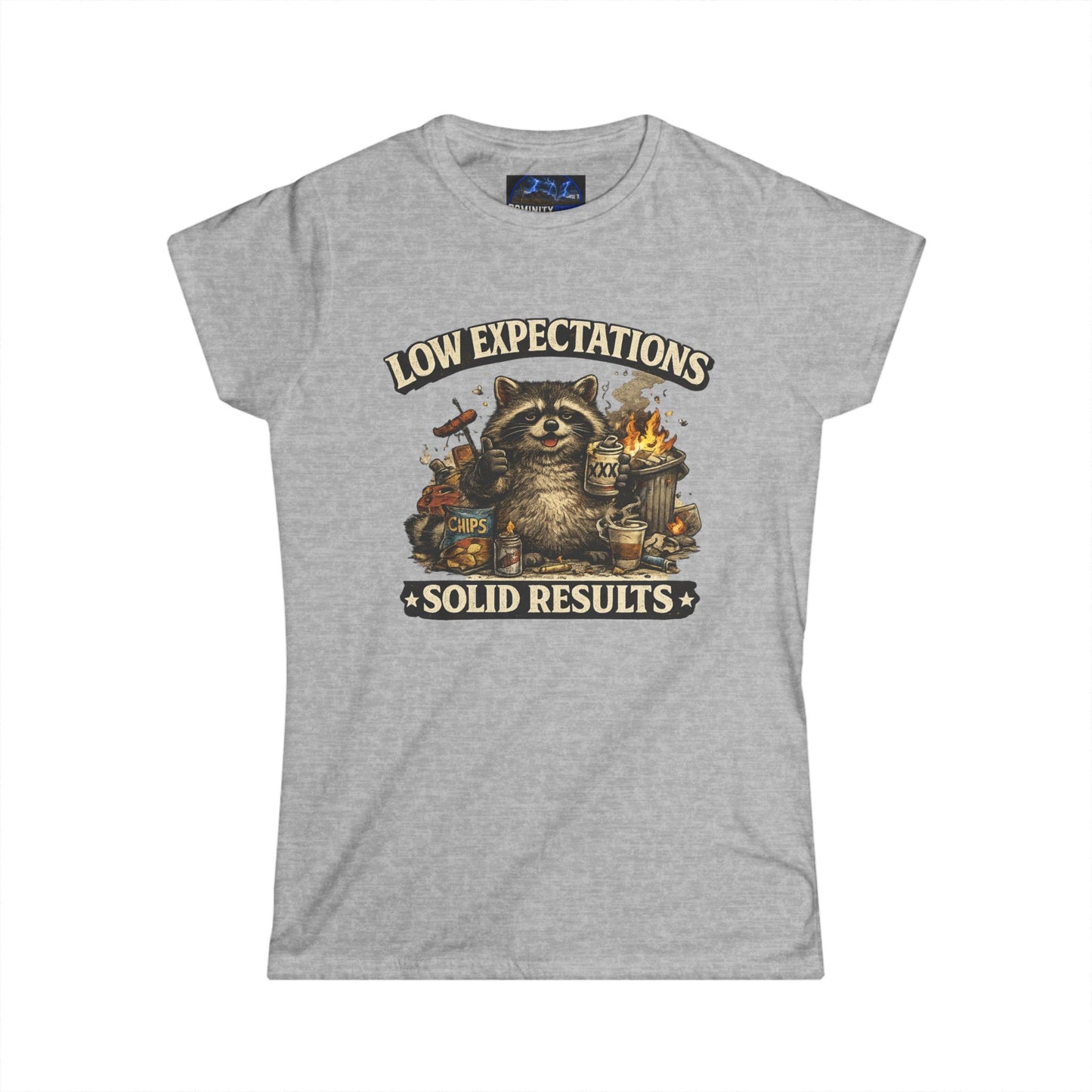 Graphic Low Expectations Solid Results Tee — Funny Raccoon Women's T-Shirt