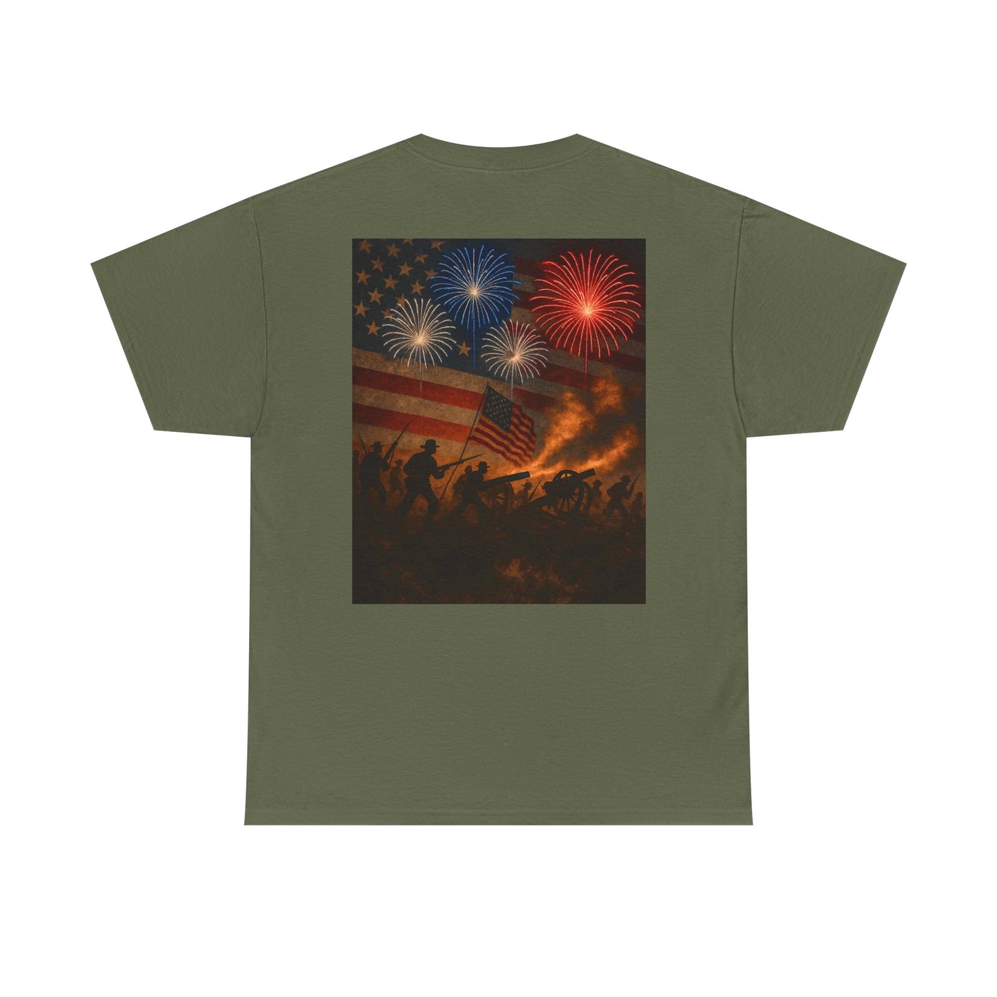 Patriotic Fireworks Flag Tee — American Soldiers Silhouette 4th of July T-Shirt