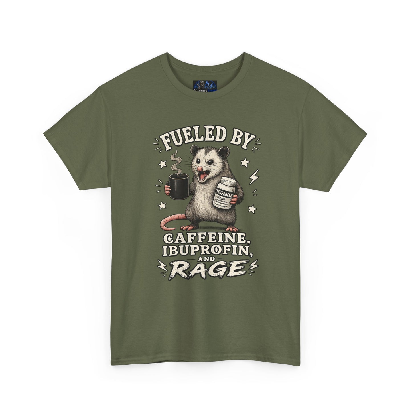 T-Shirt — Fueled by Caffeine, Ibuprofen & Rage Possum Coffee Humor Tee
