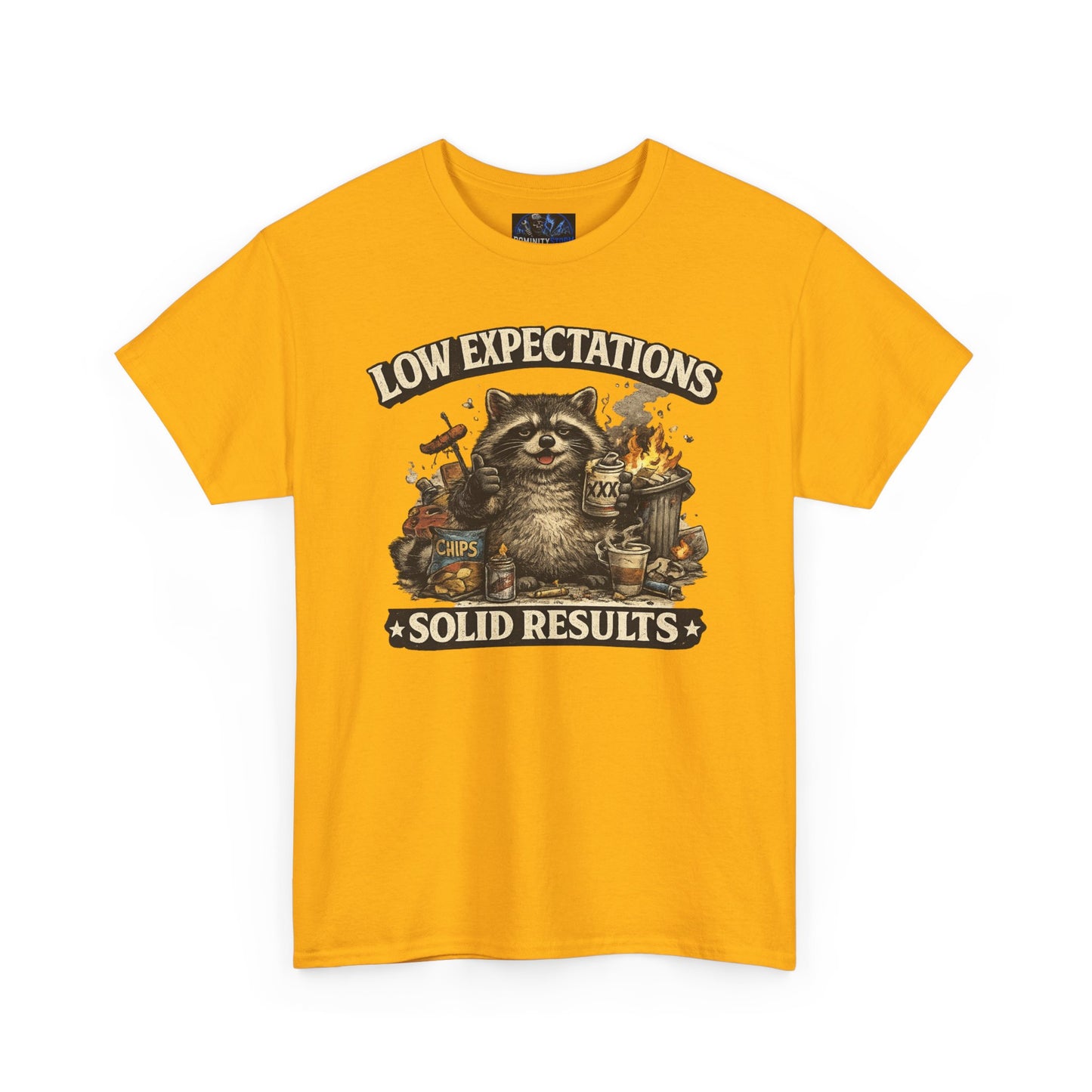 Low Expectations Solid Results T‑Shirt — Funny Raccoon Apocalypse Graphic Tee