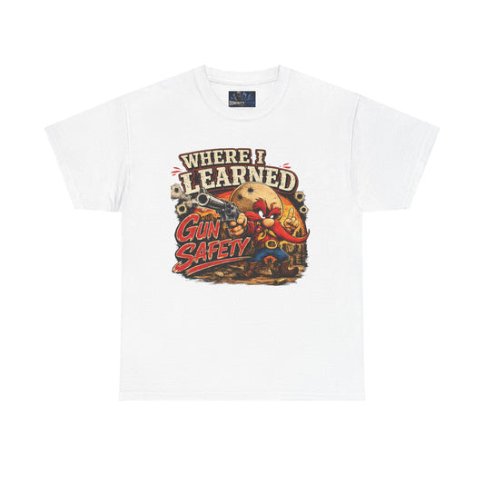 Where I Learned Gun Safety T-Shirt — Retro Cartoon Firearm Safety Tee