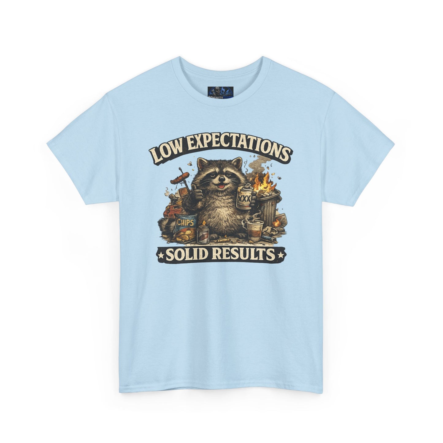 Low Expectations Solid Results T‑Shirt — Funny Raccoon Apocalypse Graphic Tee