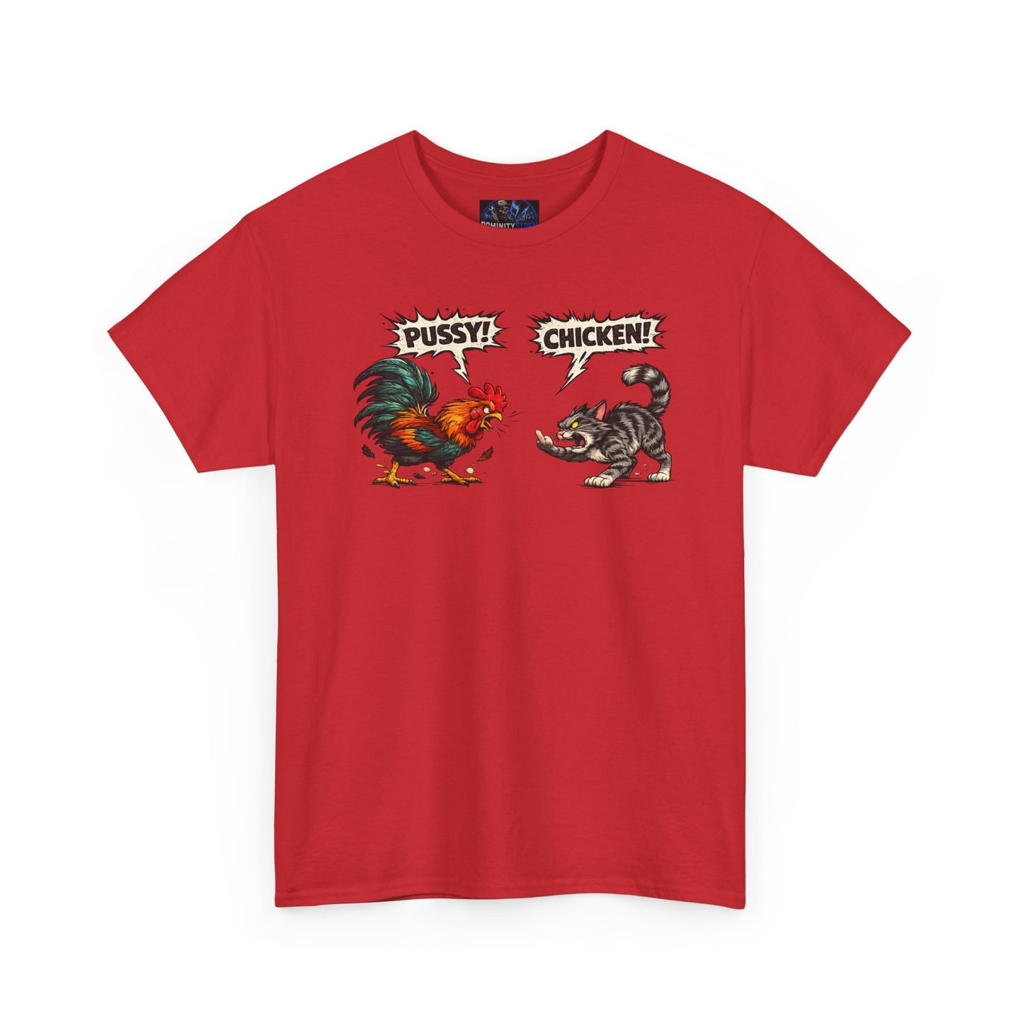Rooster vs Cat Graphic Tee – "Pussy? Chicken?" Vintage Fight Cartoon T-Shirt
