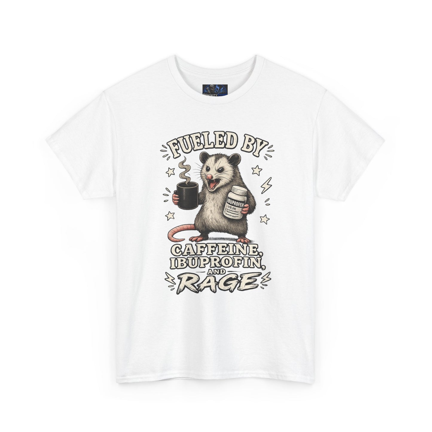 T-Shirt — Fueled by Caffeine, Ibuprofen & Rage Possum Coffee Humor Tee