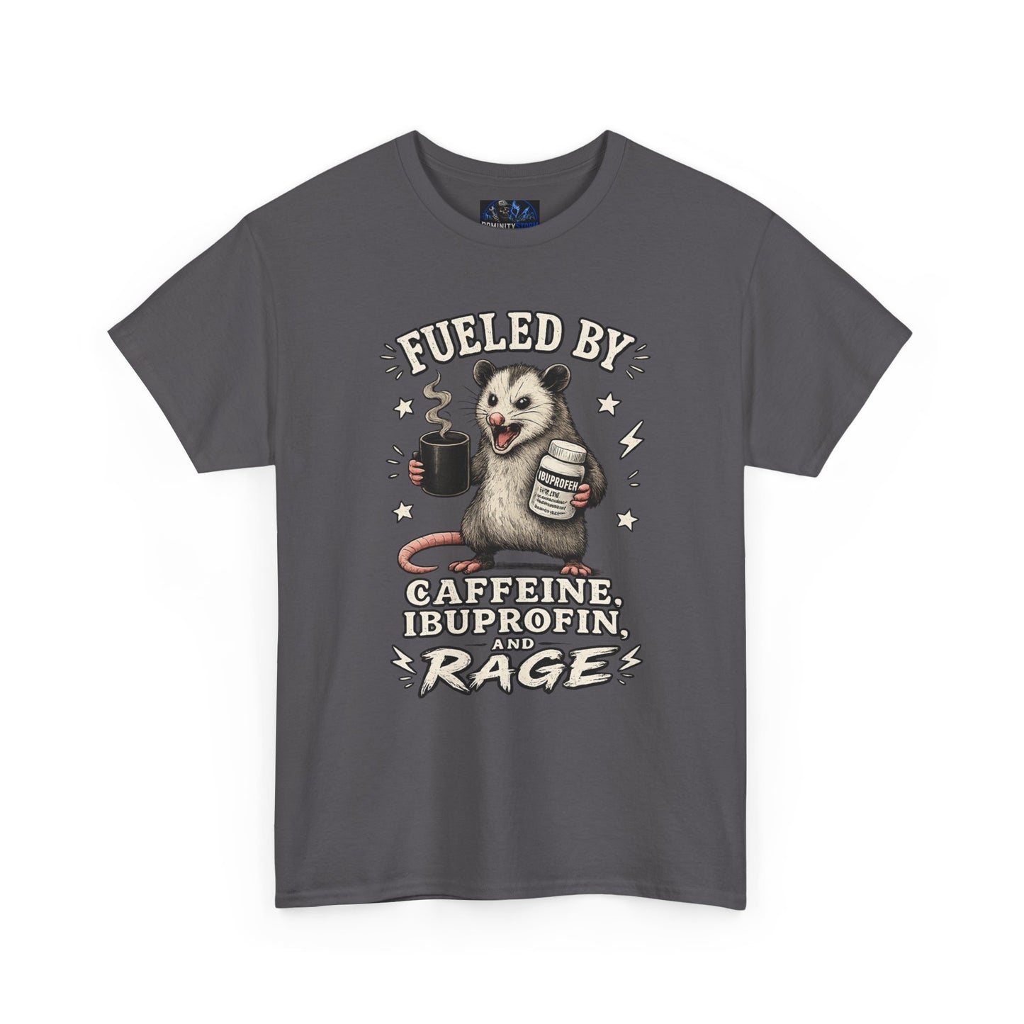 T-Shirt — Fueled by Caffeine, Ibuprofen & Rage Possum Coffee Humor Tee