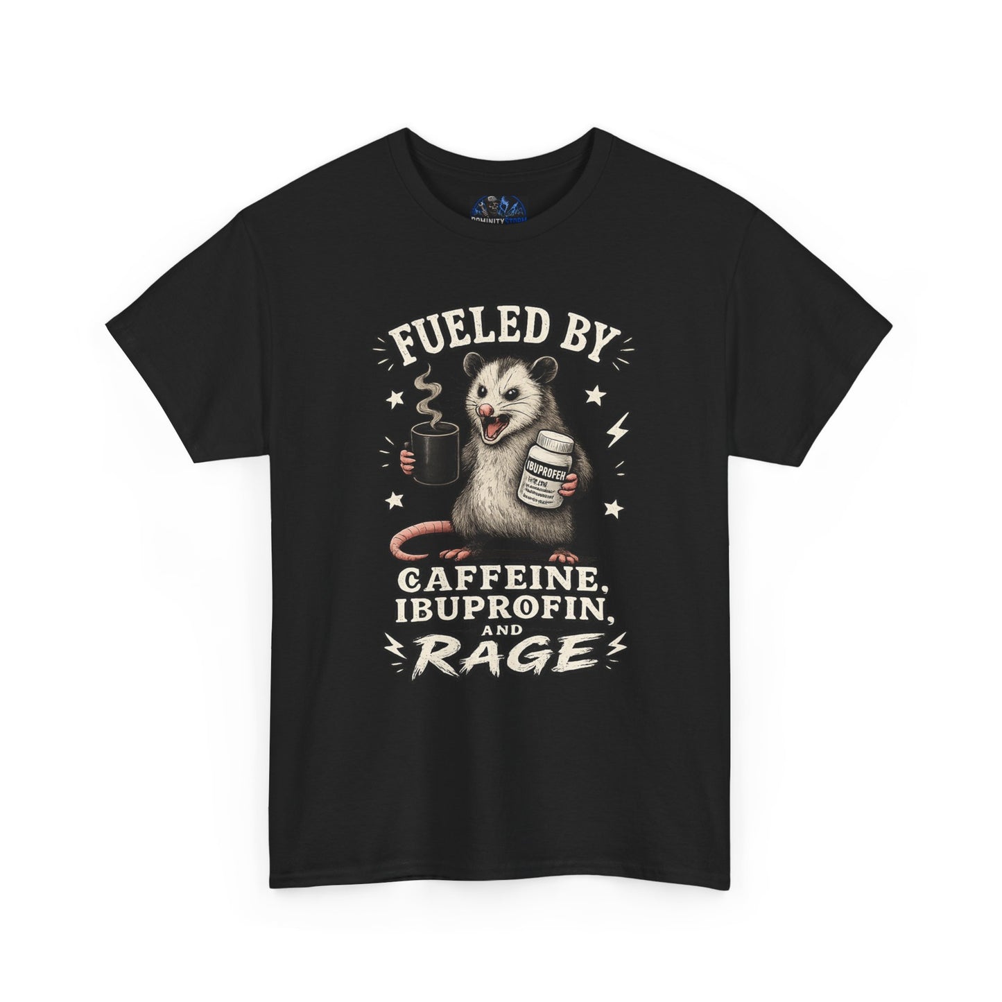 T-Shirt — Fueled by Caffeine, Ibuprofen & Rage Possum Coffee Humor Tee
