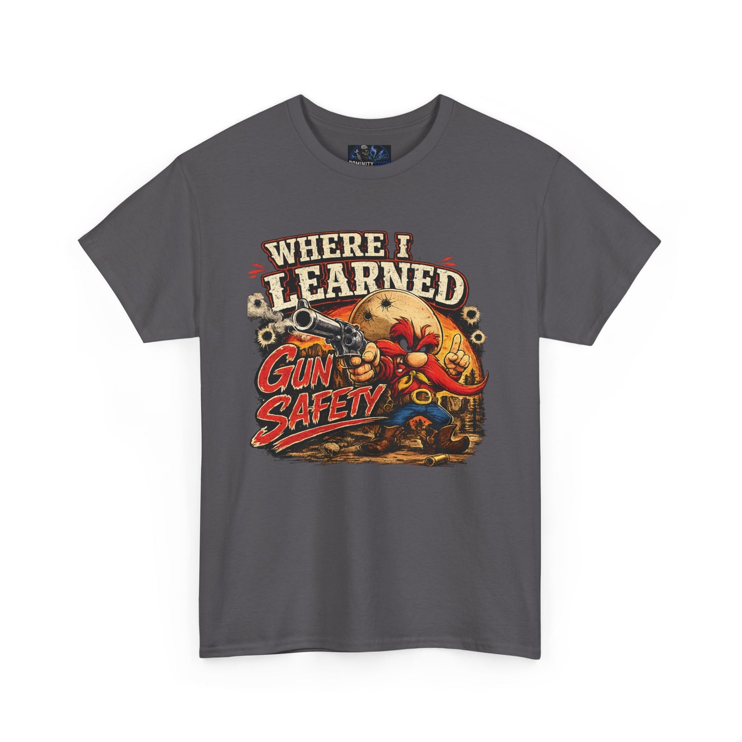 Where I Learned Gun Safety T-Shirt — Retro Cartoon Firearm Safety Tee