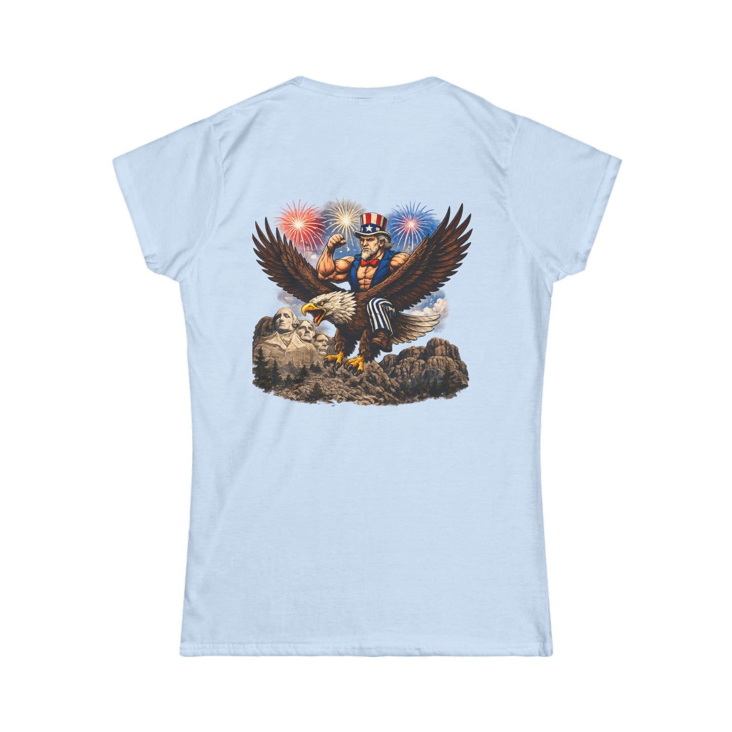 Graphic Women's Tee — Patriotic Uncle Sam Riding Bald Eagle with Fireworks