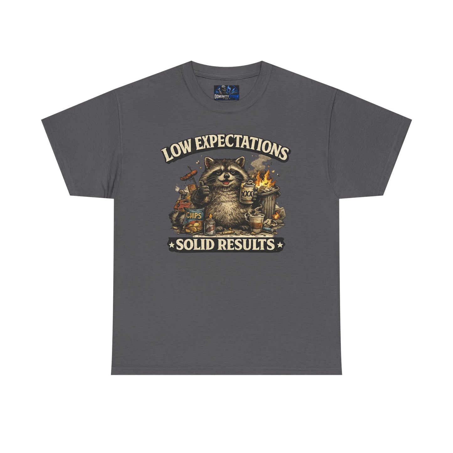Low Expectations Solid Results T‑Shirt — Funny Raccoon Apocalypse Graphic Tee