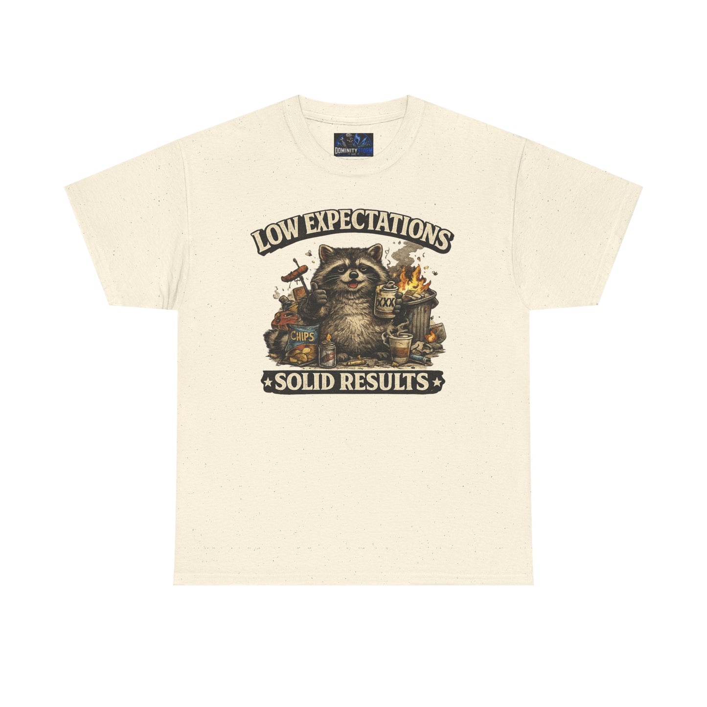 Low Expectations Solid Results T‑Shirt — Funny Raccoon Apocalypse Graphic Tee
