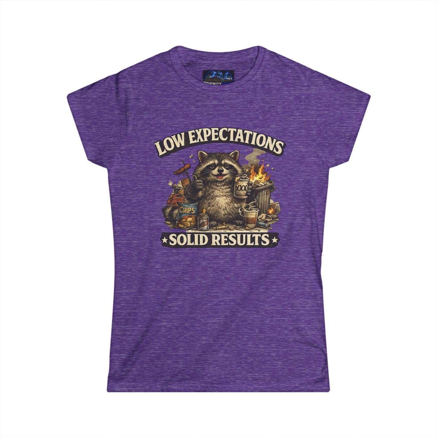 Graphic Low Expectations Solid Results Tee — Funny Raccoon Women's T-Shirt
