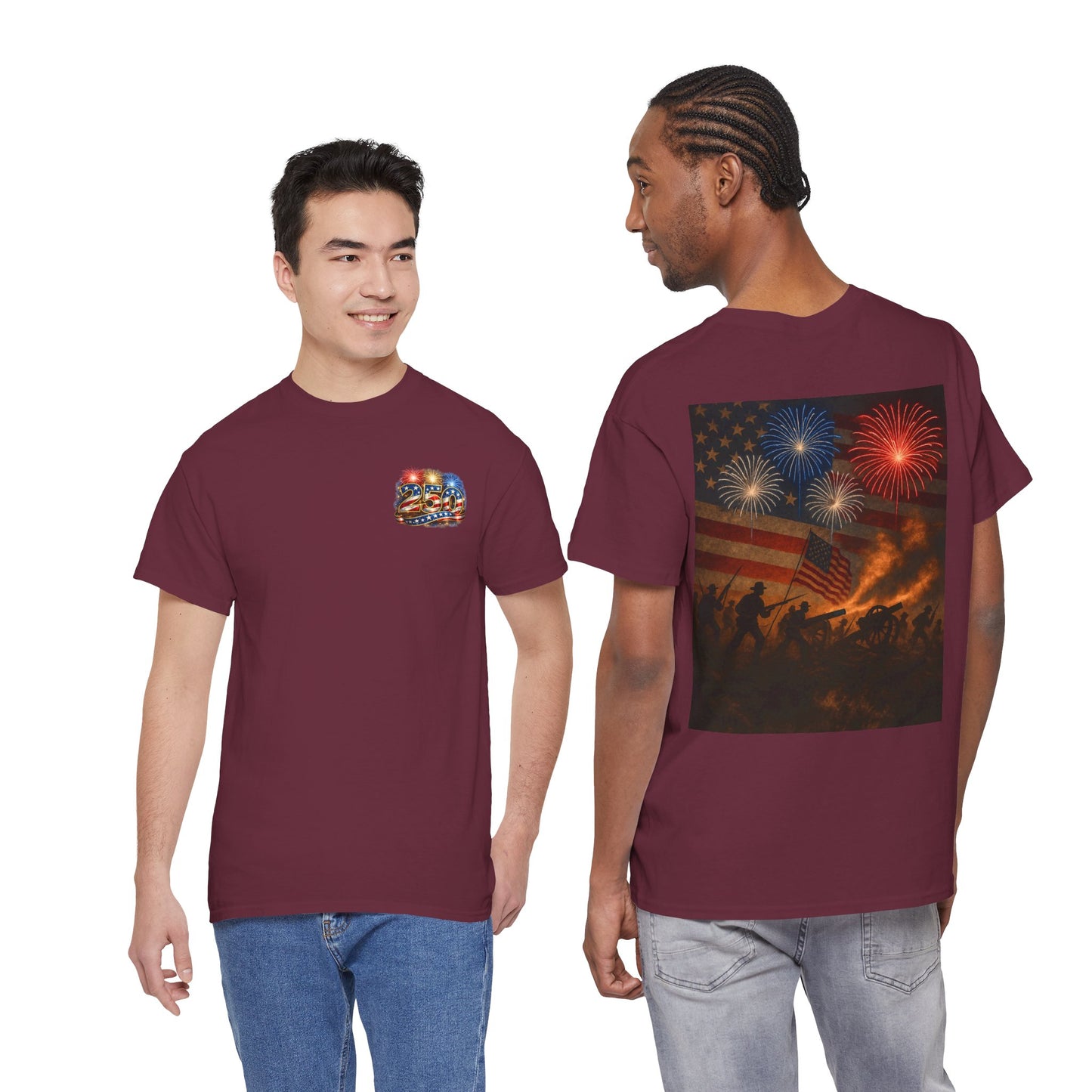Patriotic Fireworks Flag Tee — American Soldiers Silhouette 4th of July T-Shirt