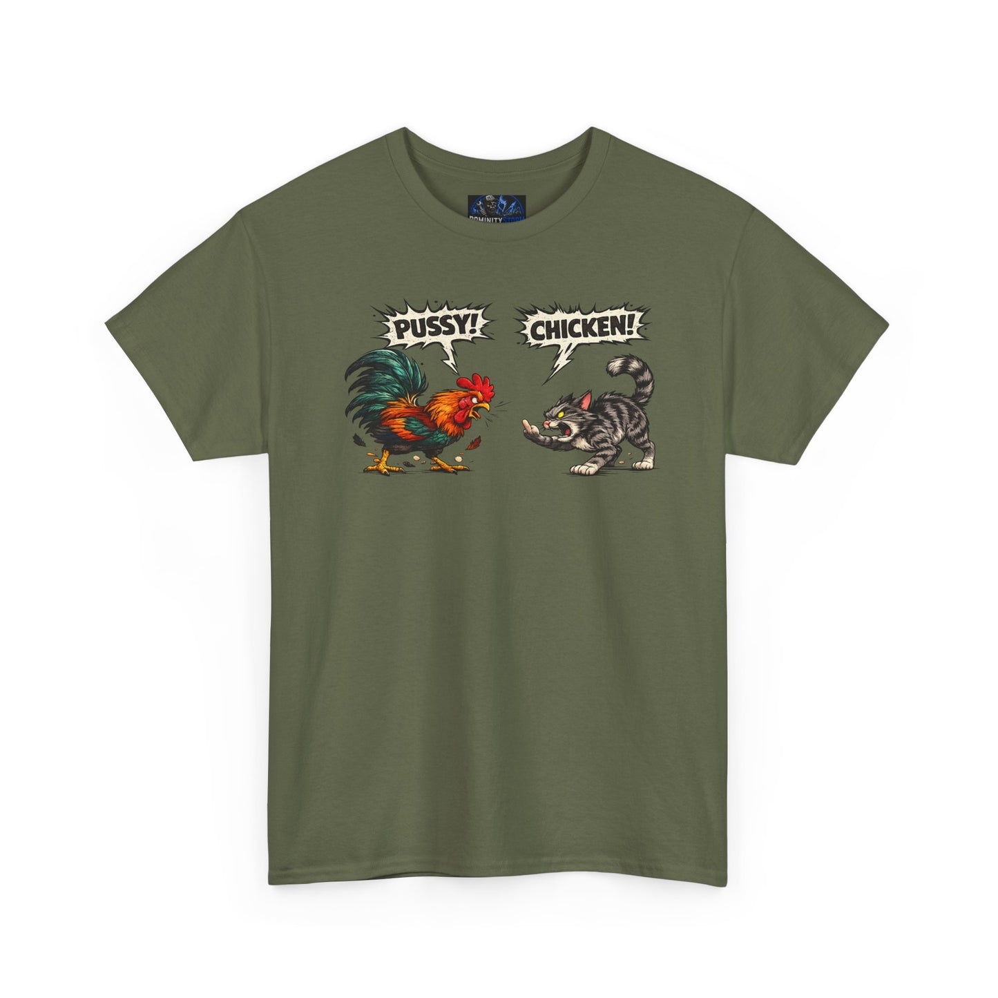 Rooster vs Cat Graphic Tee – "Pussy? Chicken?" Vintage Fight Cartoon T-Shirt