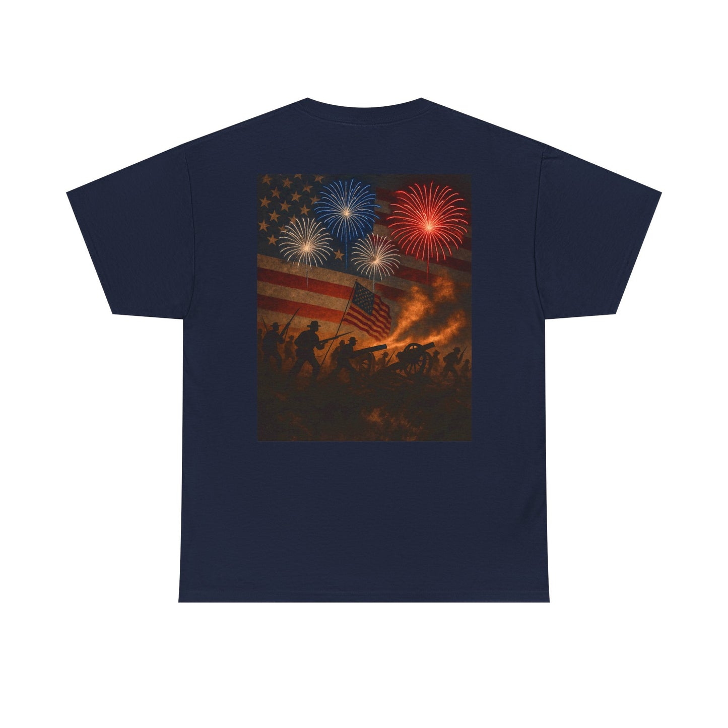 Patriotic Fireworks Flag Tee — American Soldiers Silhouette 4th of July T-Shirt