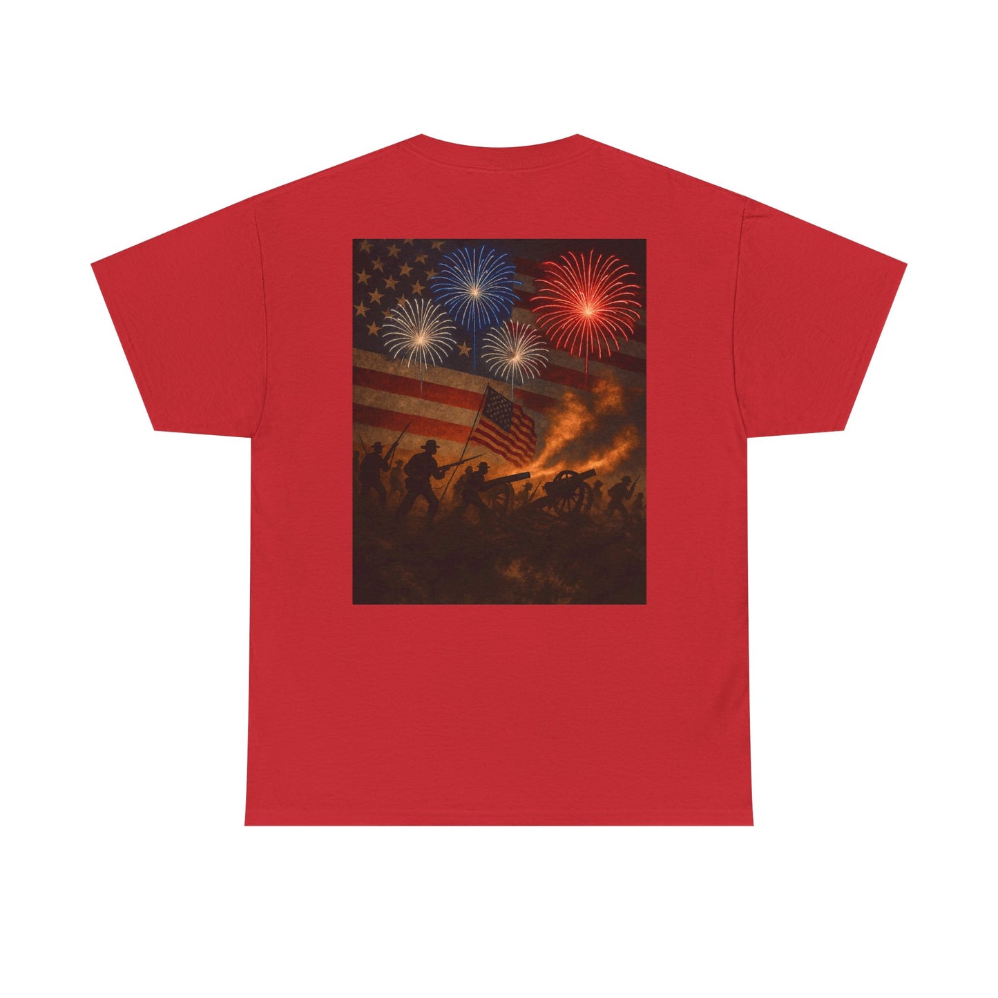Patriotic Fireworks Flag Tee — American Soldiers Silhouette 4th of July T-Shirt