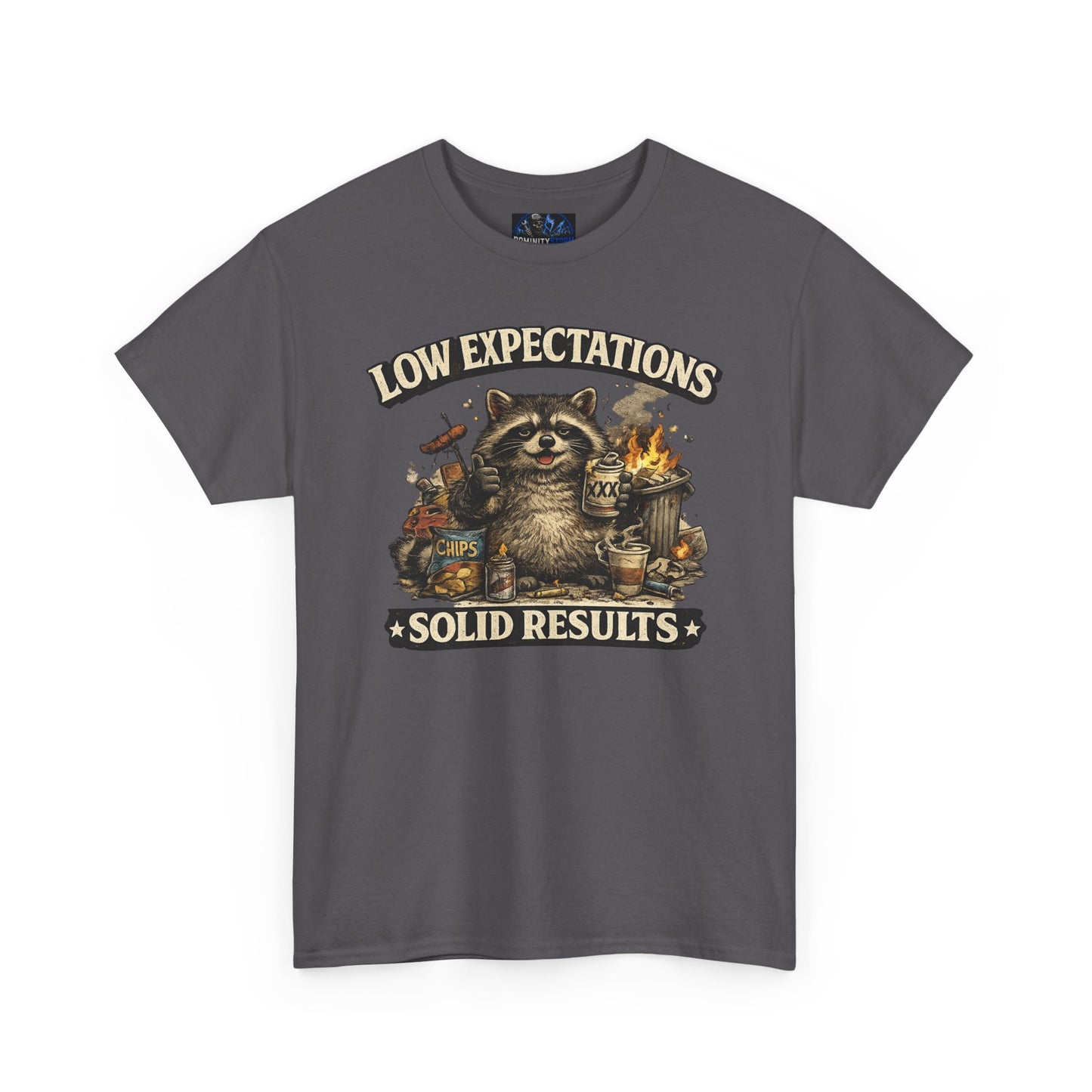 Low Expectations Solid Results T‑Shirt — Funny Raccoon Apocalypse Graphic Tee