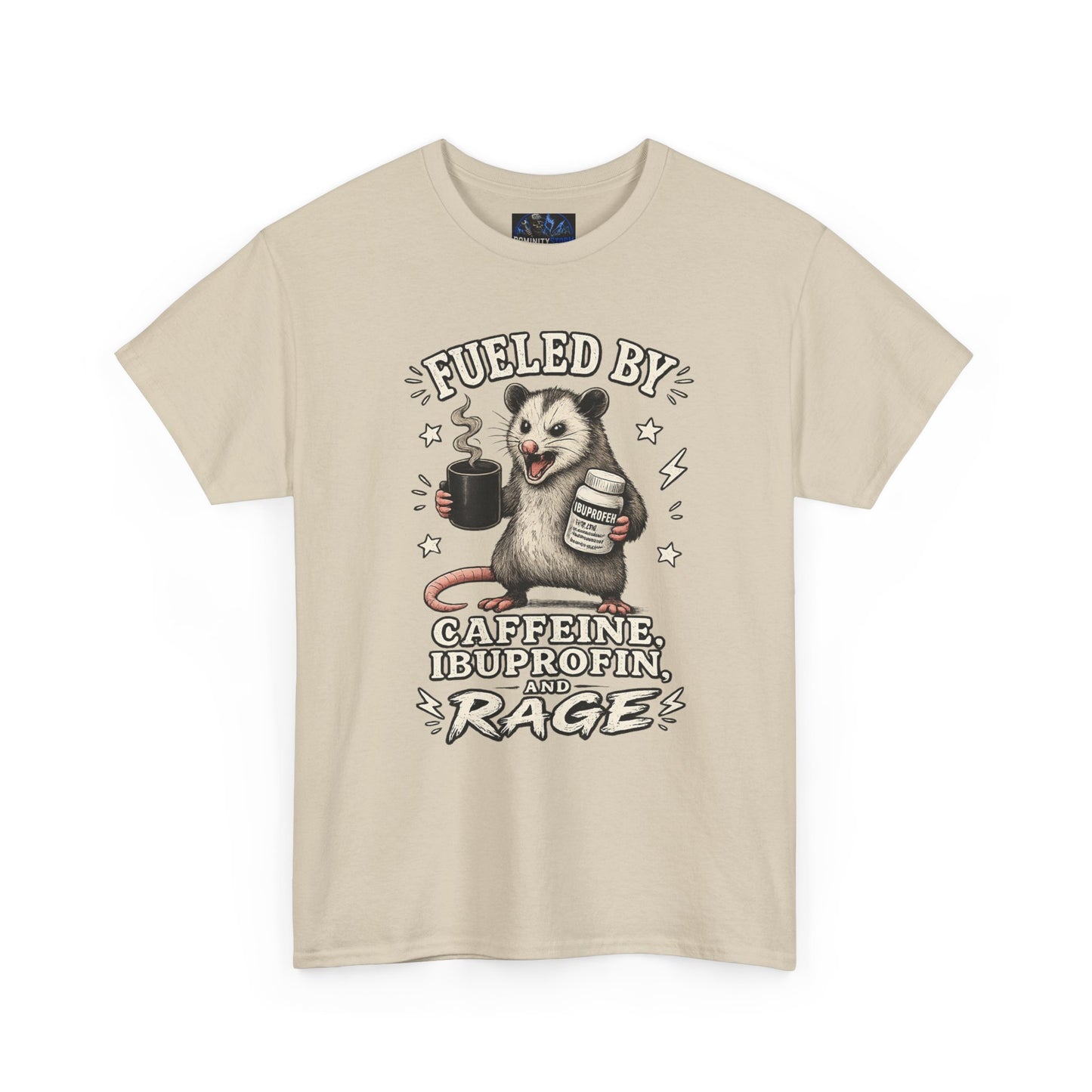 T-Shirt — Fueled by Caffeine, Ibuprofen & Rage Possum Coffee Humor Tee