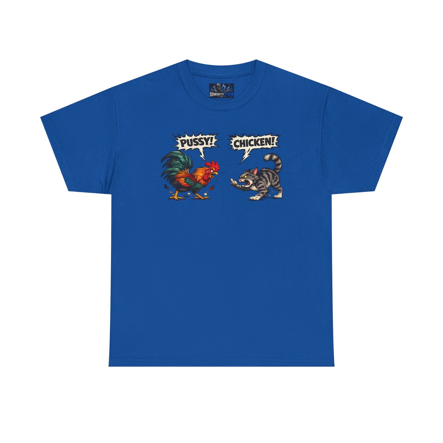 Rooster vs Cat Graphic Tee – "Pussy? Chicken?" Vintage Fight Cartoon T-Shirt