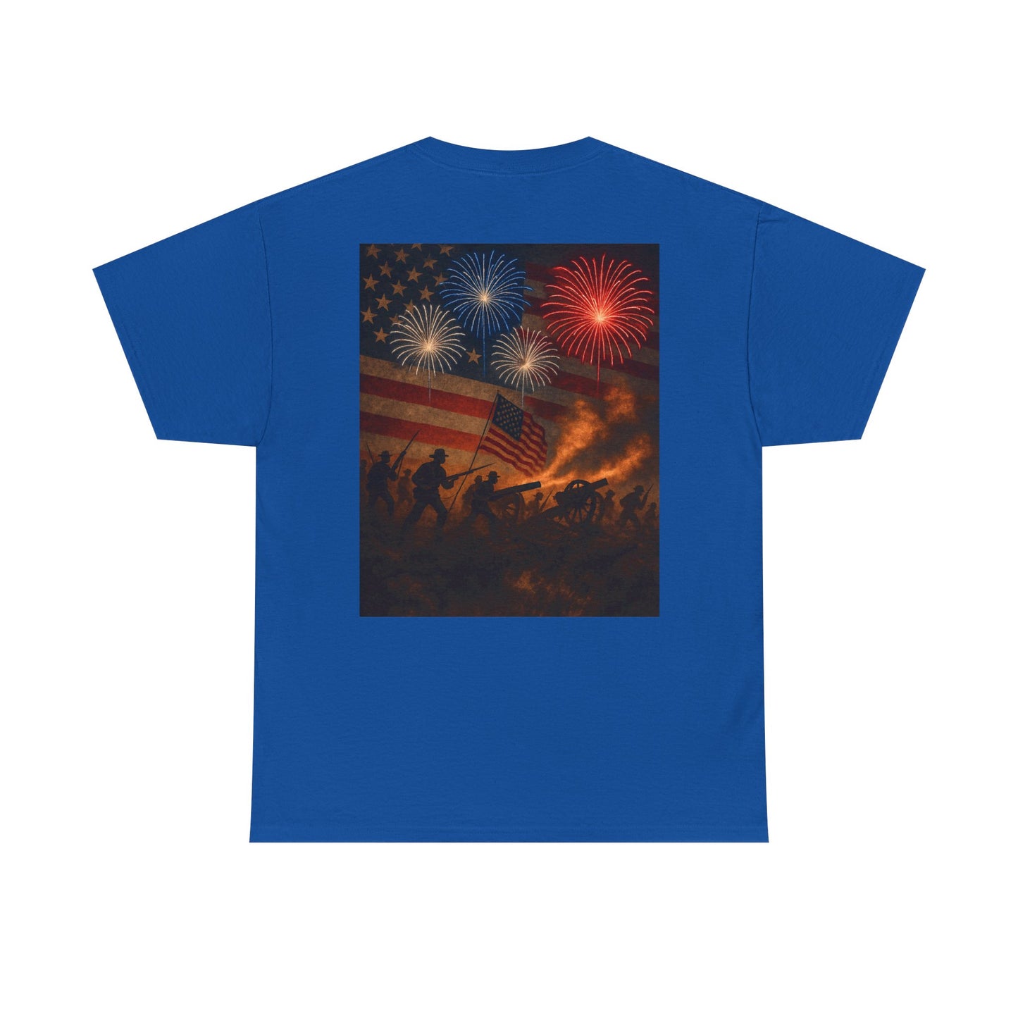 Patriotic Fireworks Flag Tee — American Soldiers Silhouette 4th of July T-Shirt