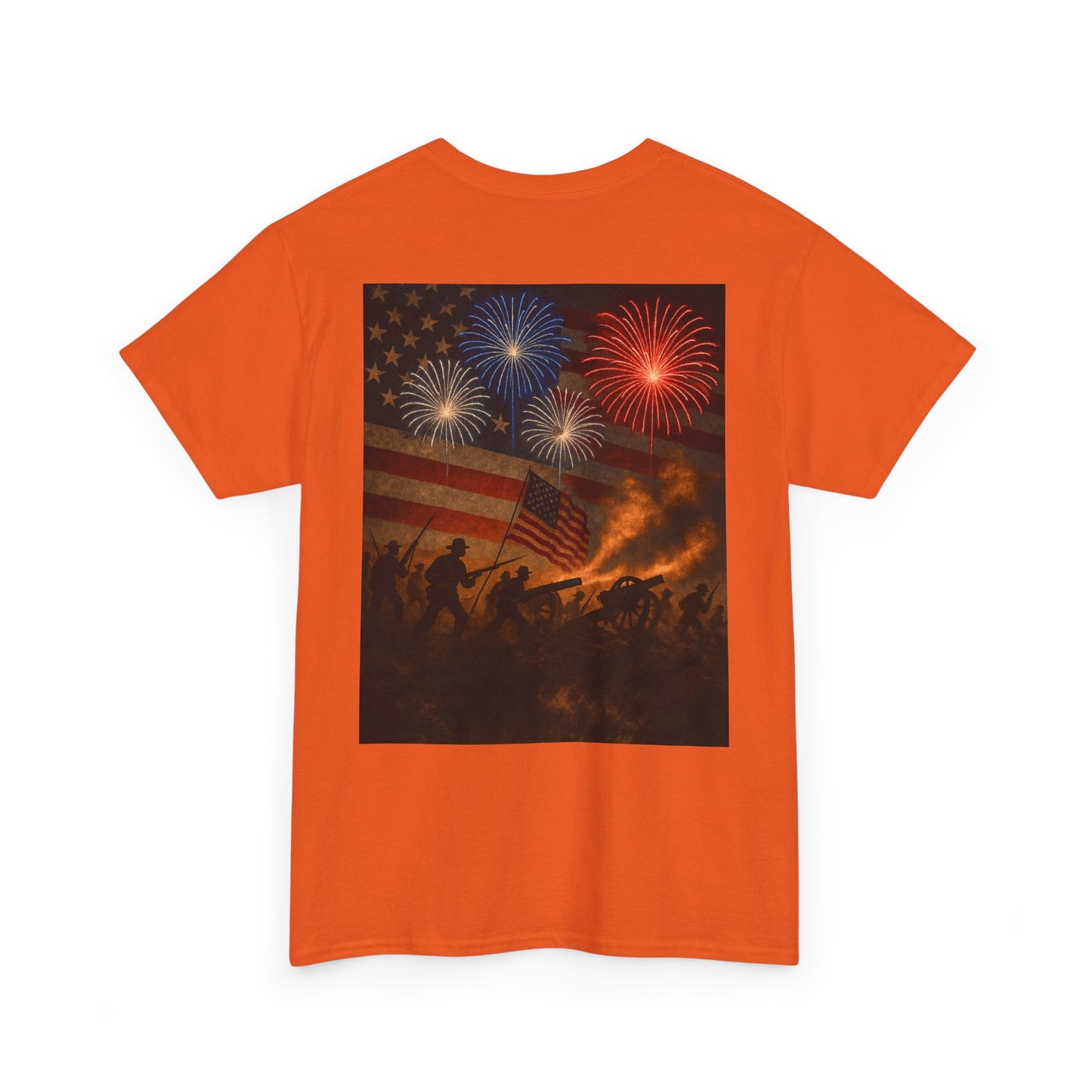 Patriotic Fireworks Flag Tee — American Soldiers Silhouette 4th of July T-Shirt