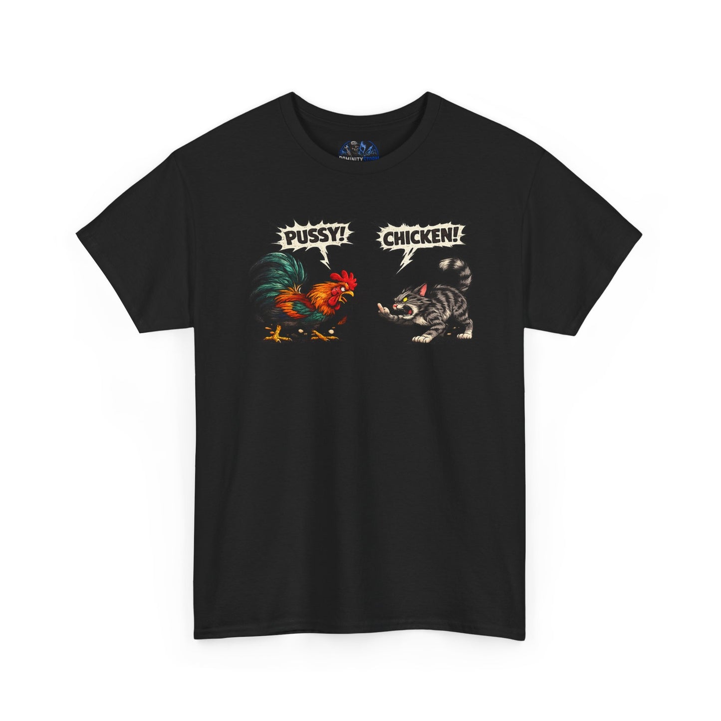 Rooster vs Cat Graphic Tee – "Pussy? Chicken?" Vintage Fight Cartoon T-Shirt