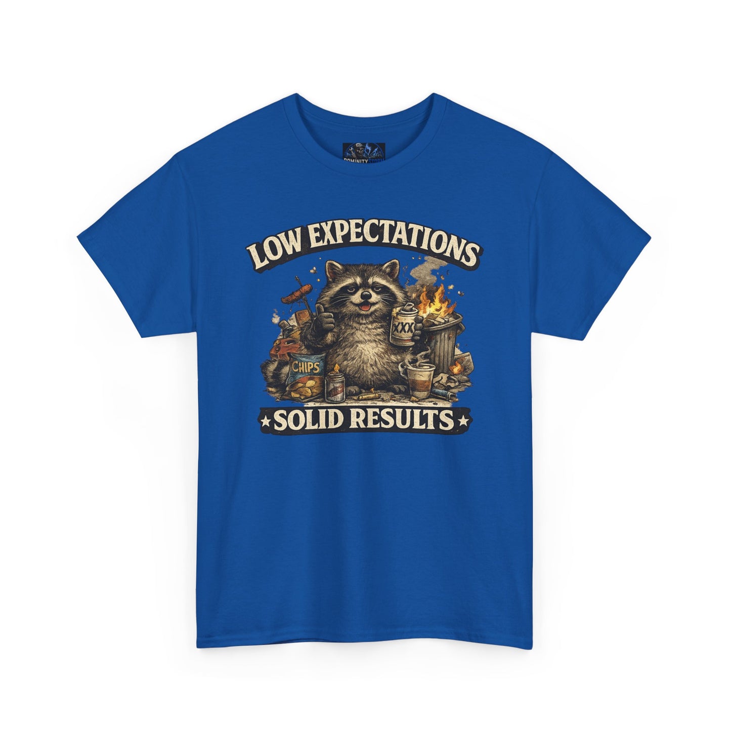 Low Expectations Solid Results T‑Shirt — Funny Raccoon Apocalypse Graphic Tee