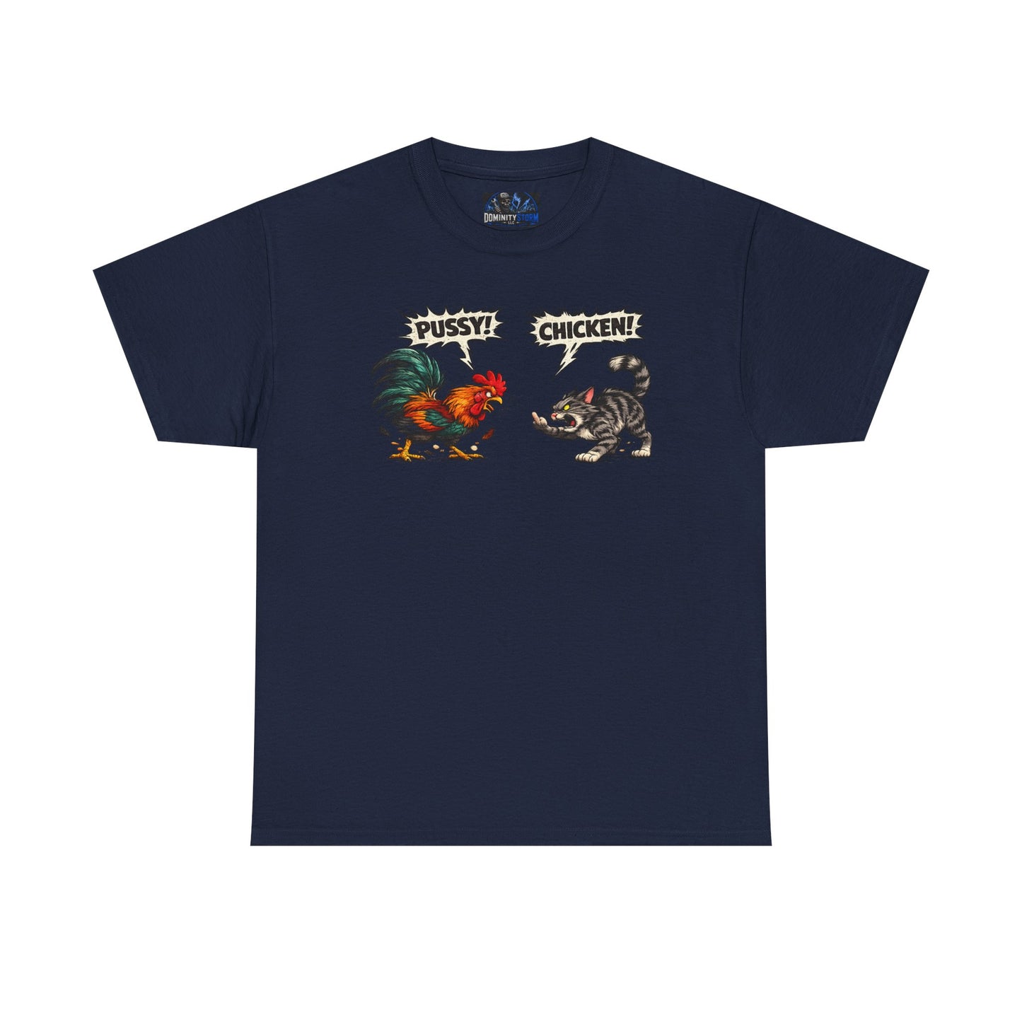 Rooster vs Cat Graphic Tee – "Pussy? Chicken?" Vintage Fight Cartoon T-Shirt