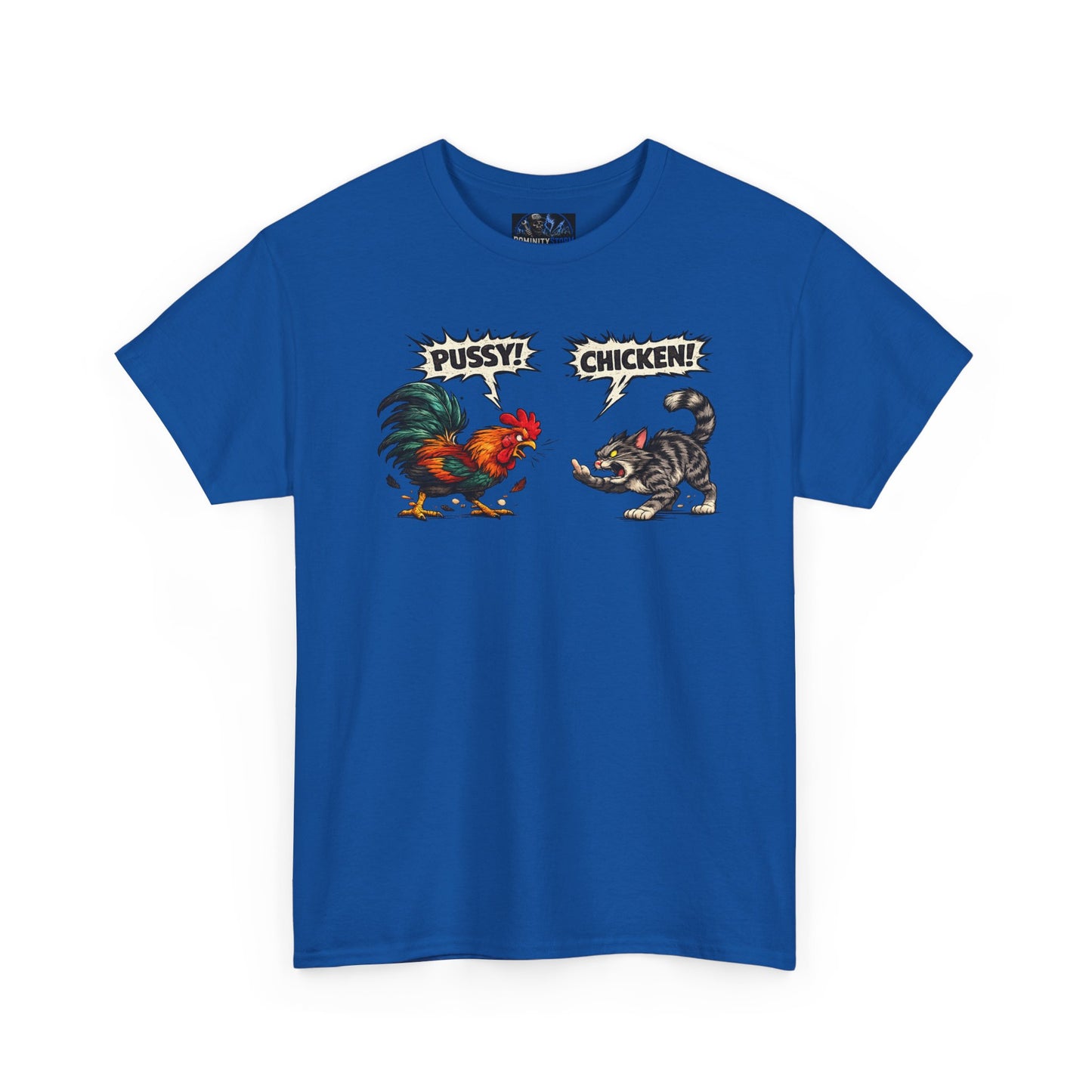 Rooster vs Cat Graphic Tee – "Pussy? Chicken?" Vintage Fight Cartoon T-Shirt