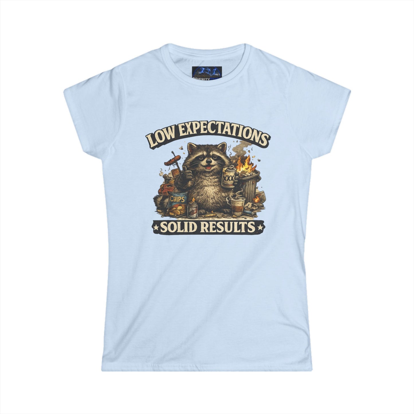 Graphic Low Expectations Solid Results Tee — Funny Raccoon Women's T-Shirt