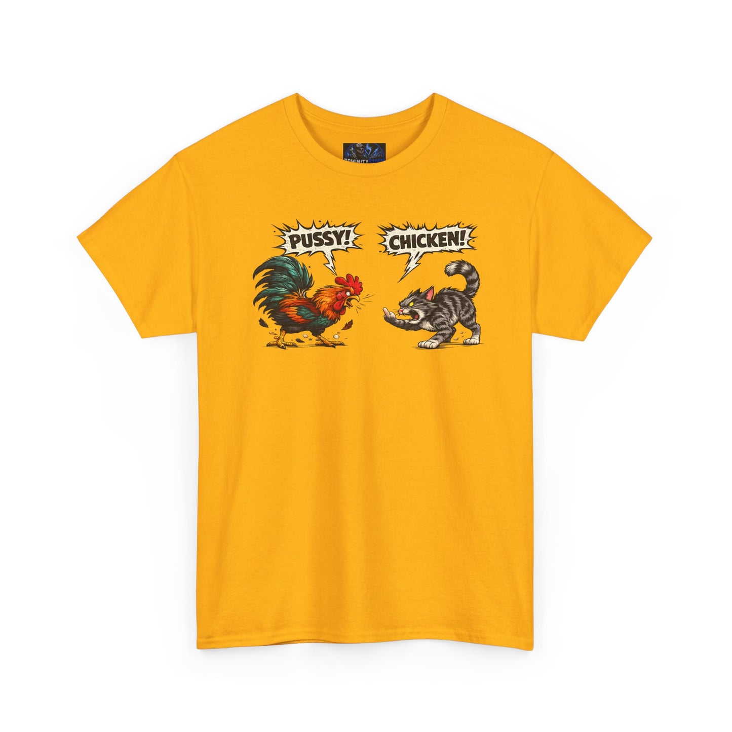 Rooster vs Cat Graphic Tee – "Pussy? Chicken?" Vintage Fight Cartoon T-Shirt