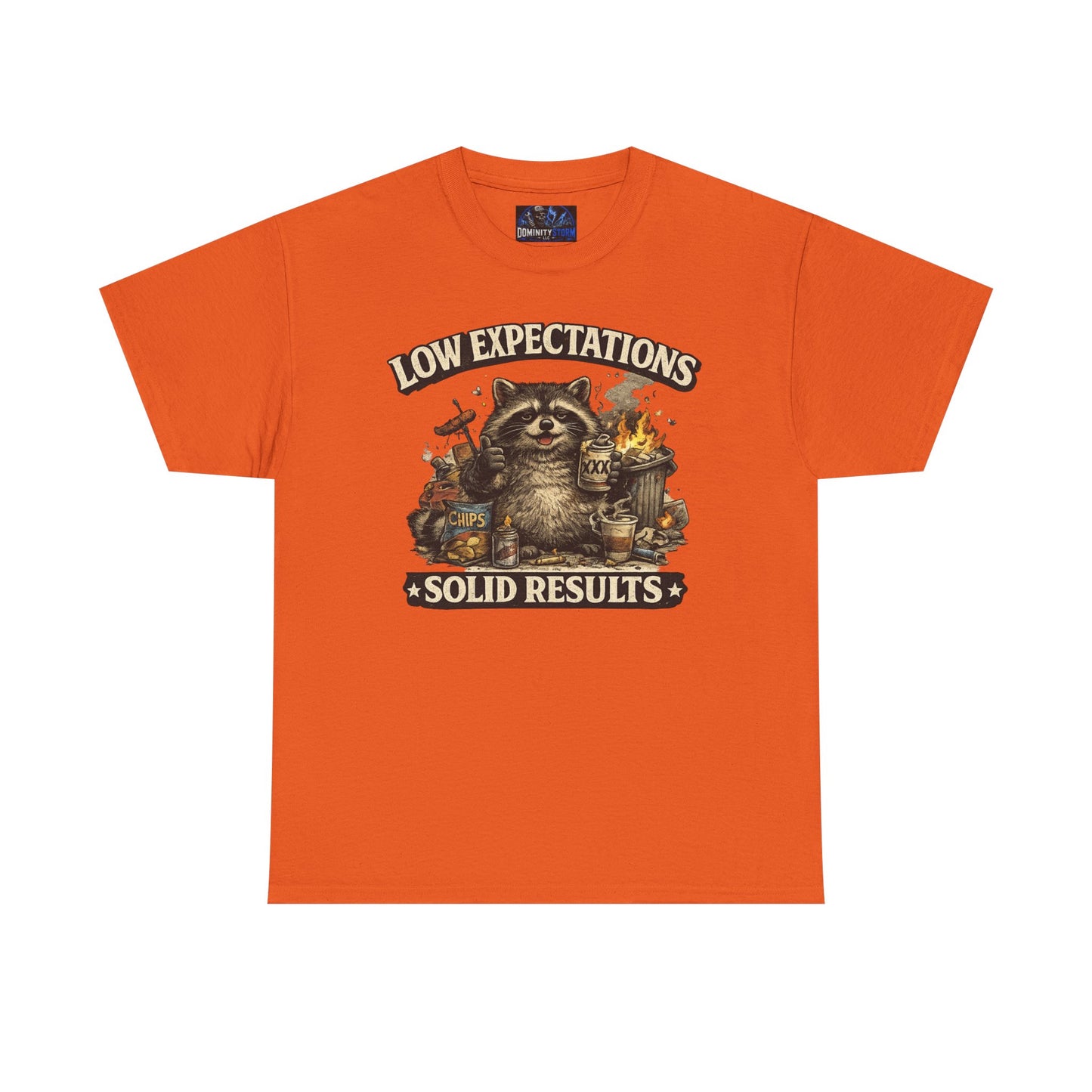 Low Expectations Solid Results T‑Shirt — Funny Raccoon Apocalypse Graphic Tee