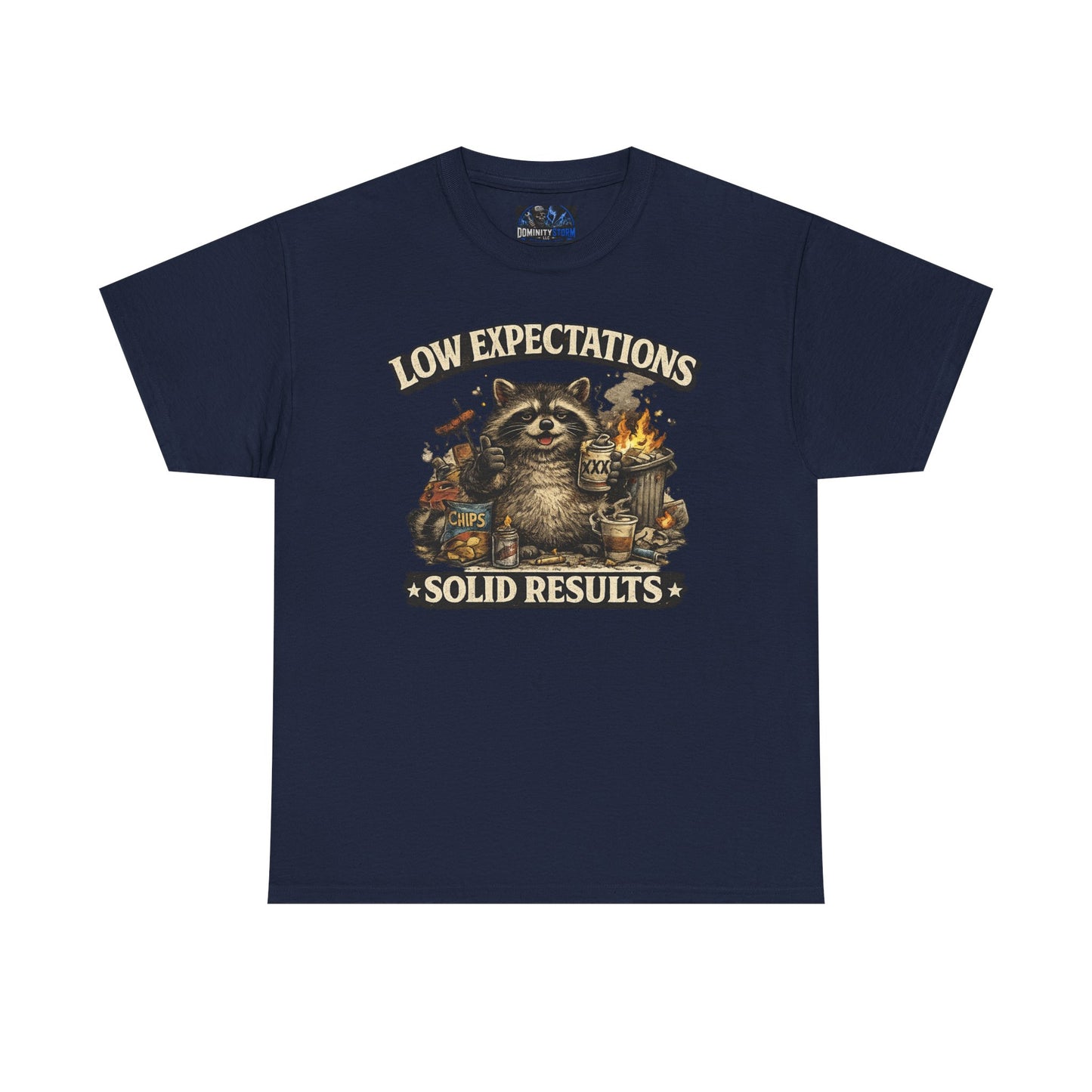 Low Expectations Solid Results T‑Shirt — Funny Raccoon Apocalypse Graphic Tee