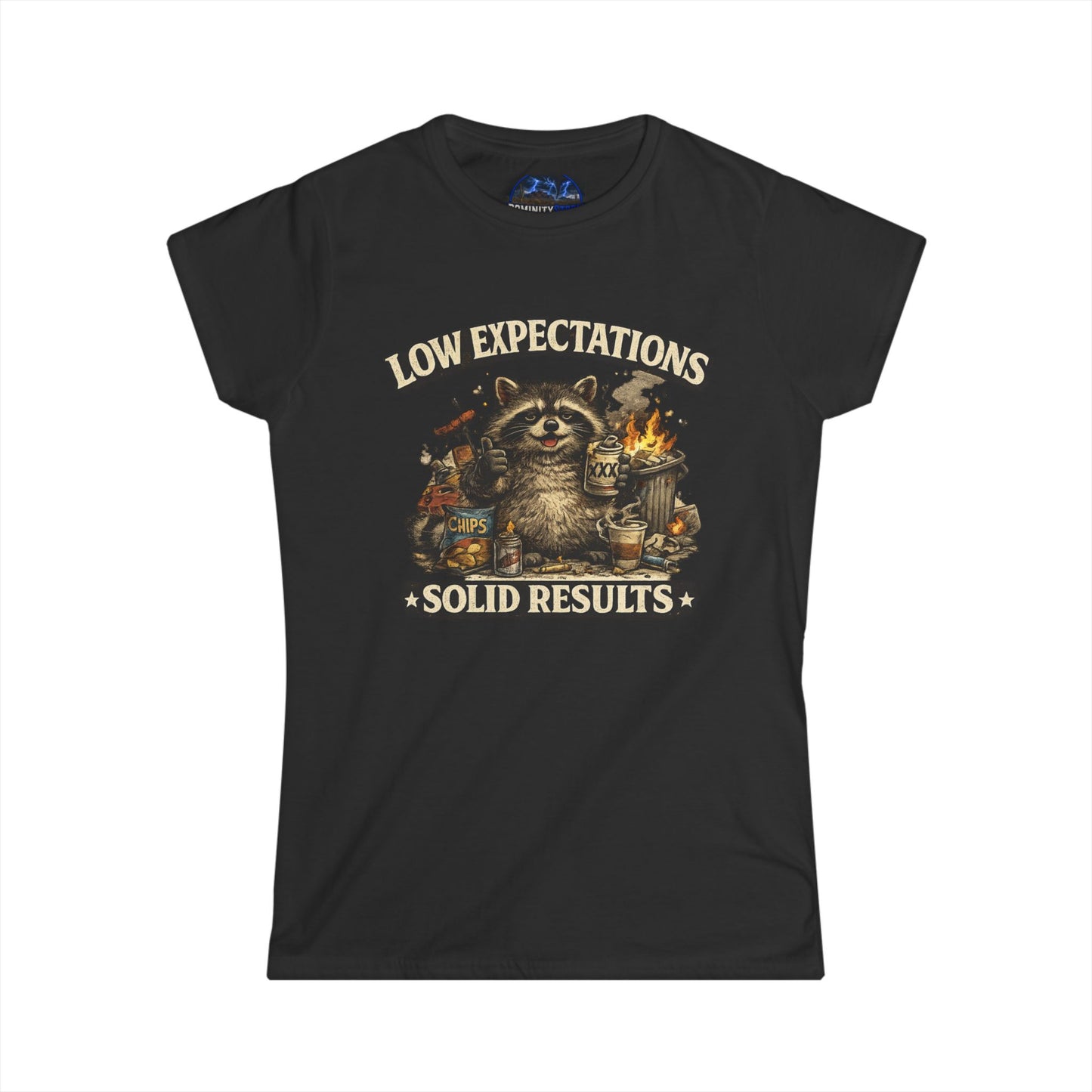 Graphic Low Expectations Solid Results Tee — Funny Raccoon Women's T-Shirt
