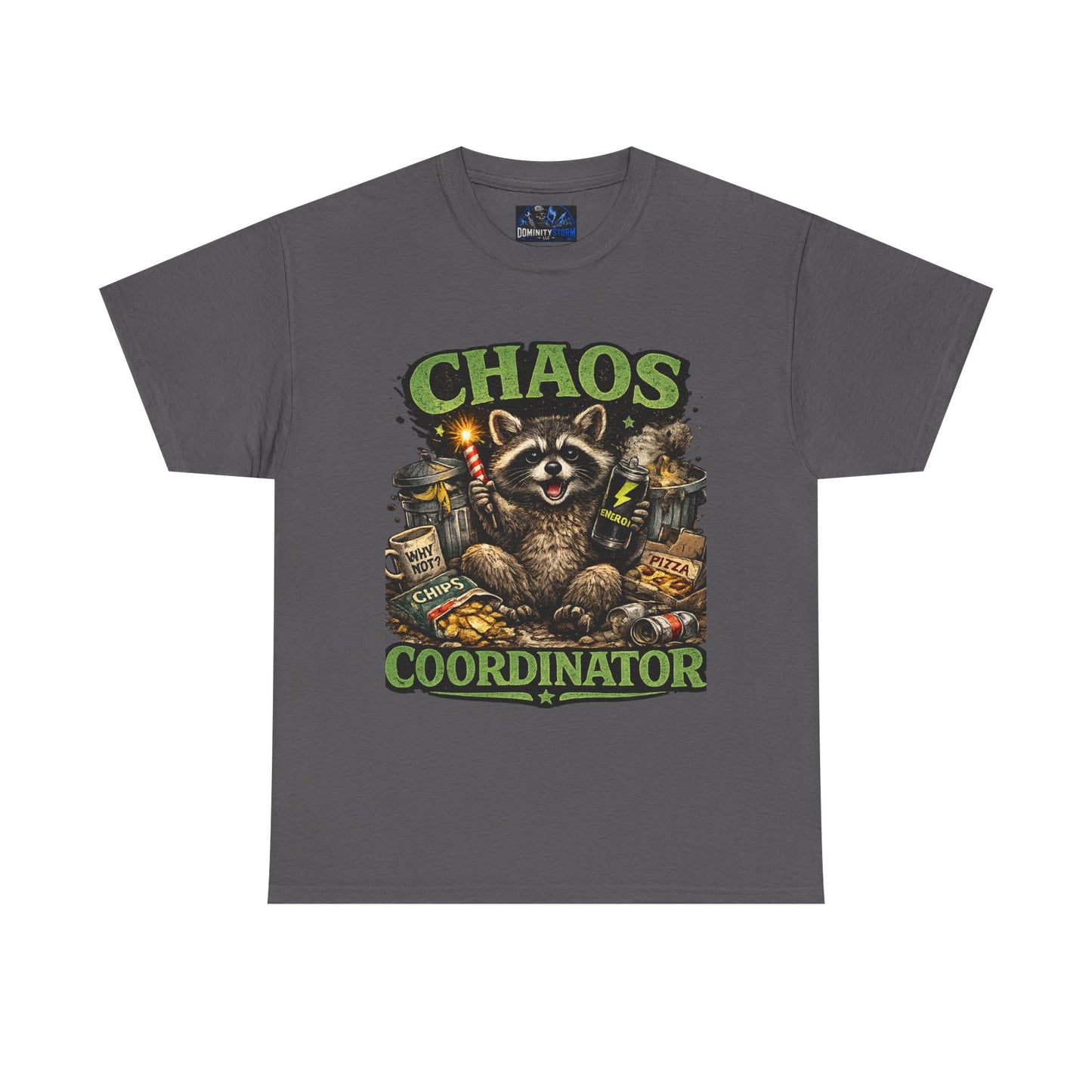 Chaos Coordinator T-Shirt — Funny Raccoon Graphic Tee for Gamers & Catastrophe Lovers