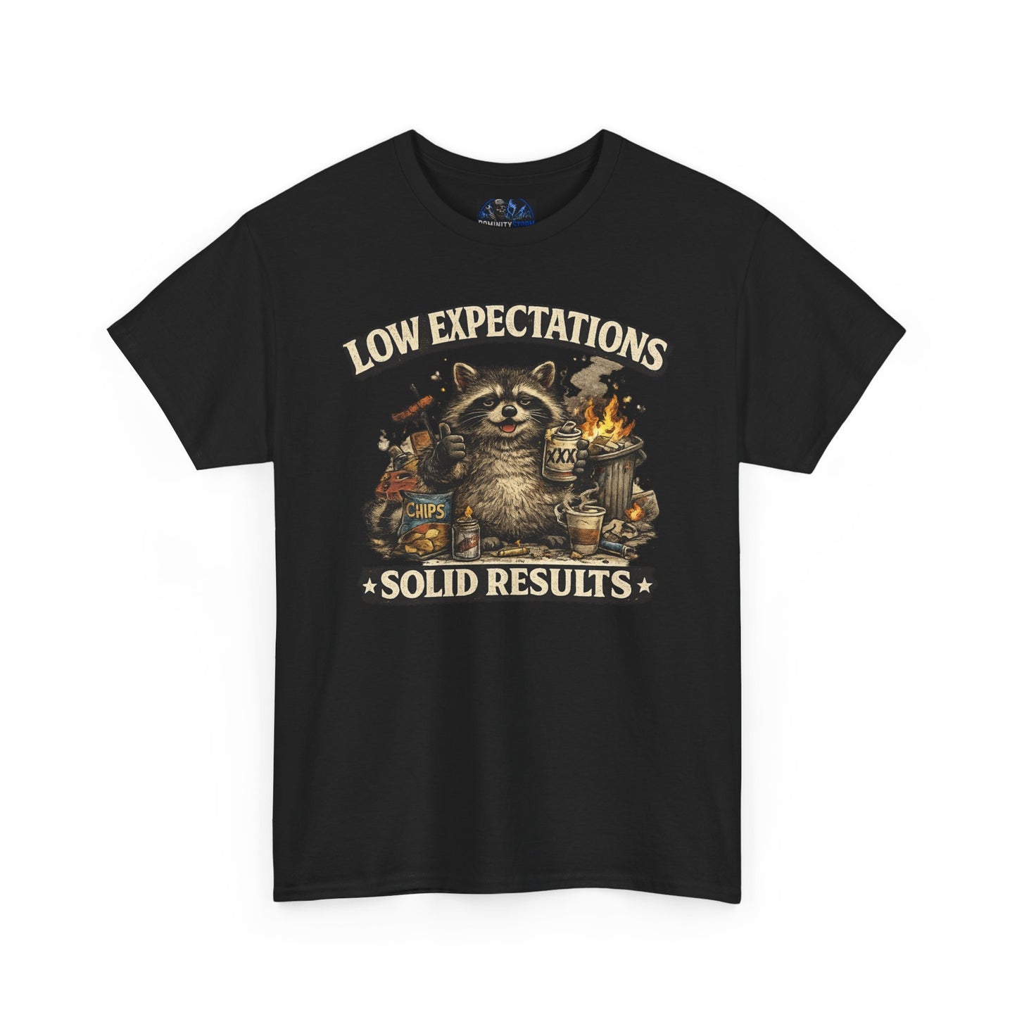 Low Expectations Solid Results T‑Shirt — Funny Raccoon Apocalypse Graphic Tee