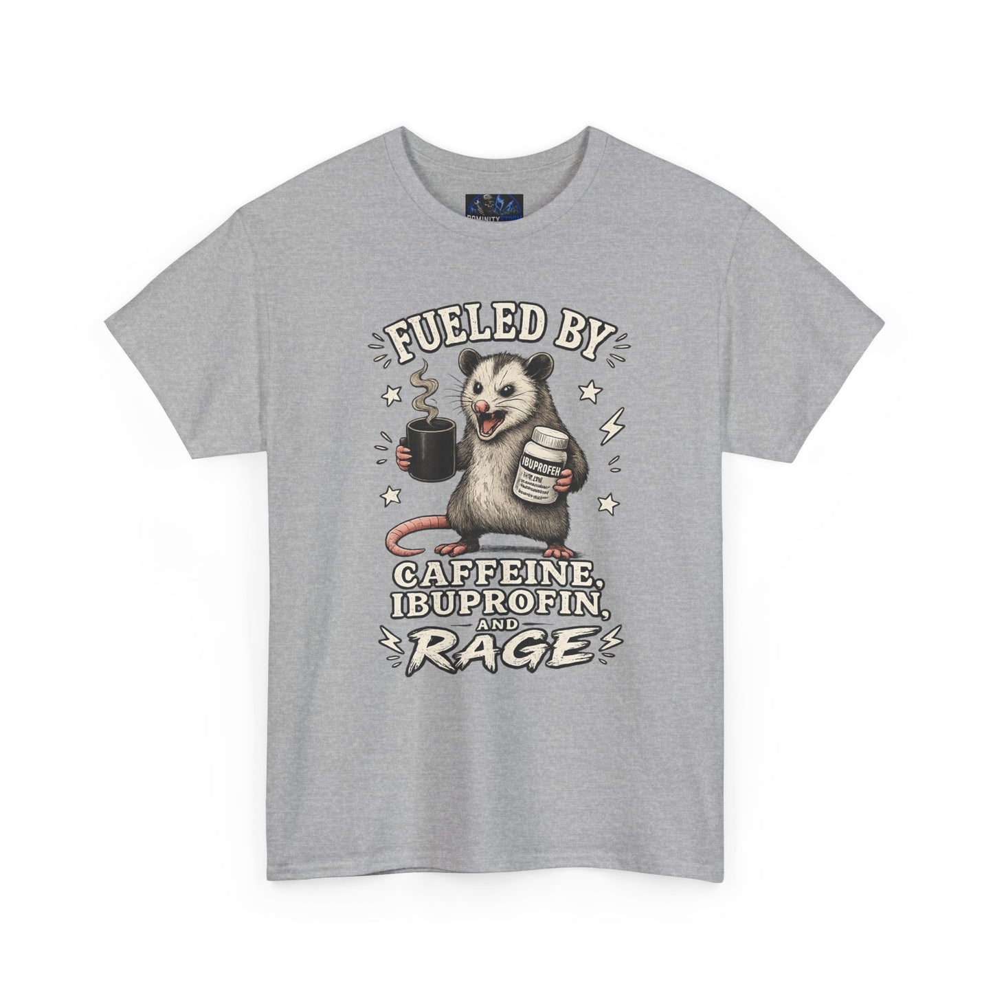 T-Shirt — Fueled by Caffeine, Ibuprofen & Rage Possum Coffee Humor Tee