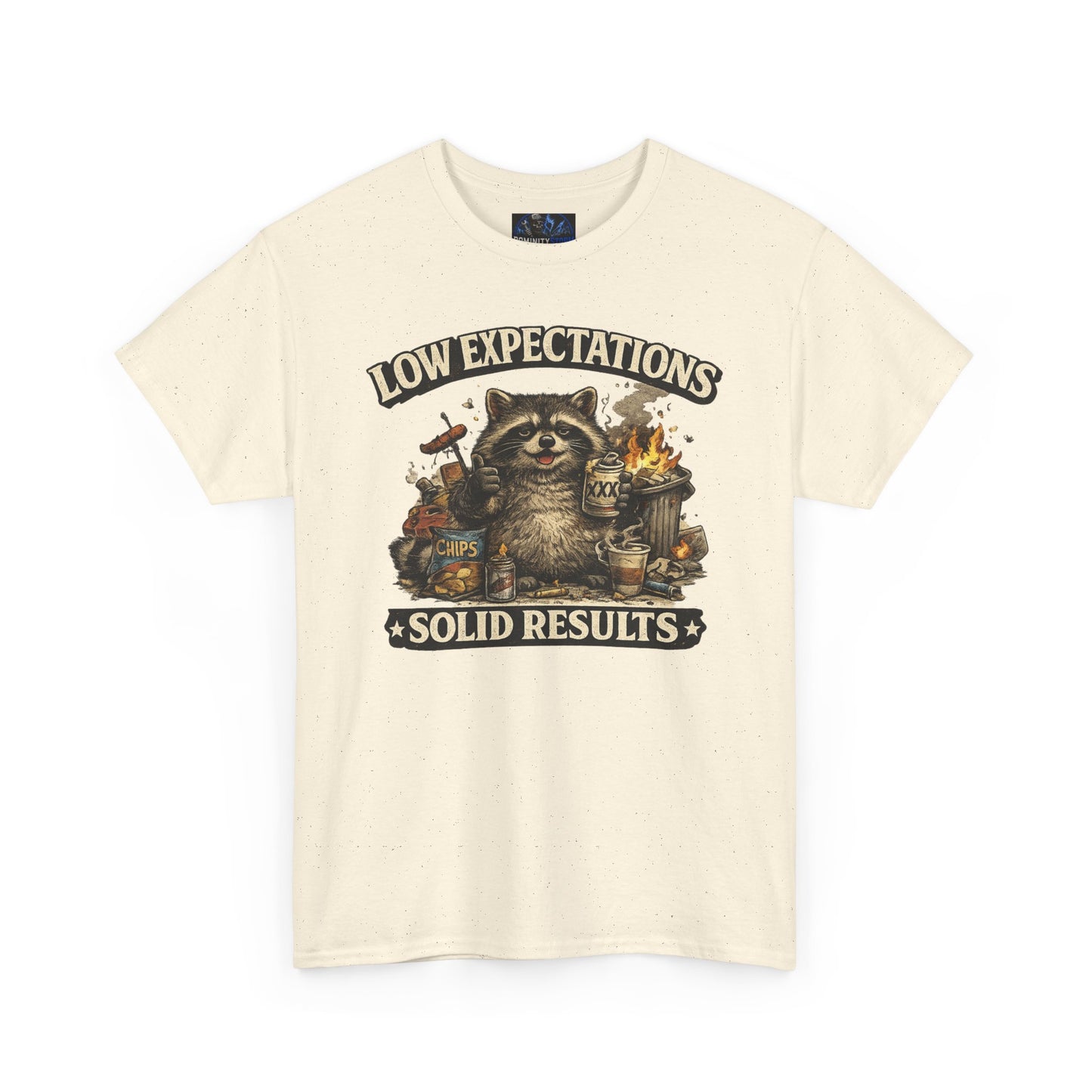 Low Expectations Solid Results T‑Shirt — Funny Raccoon Apocalypse Graphic Tee